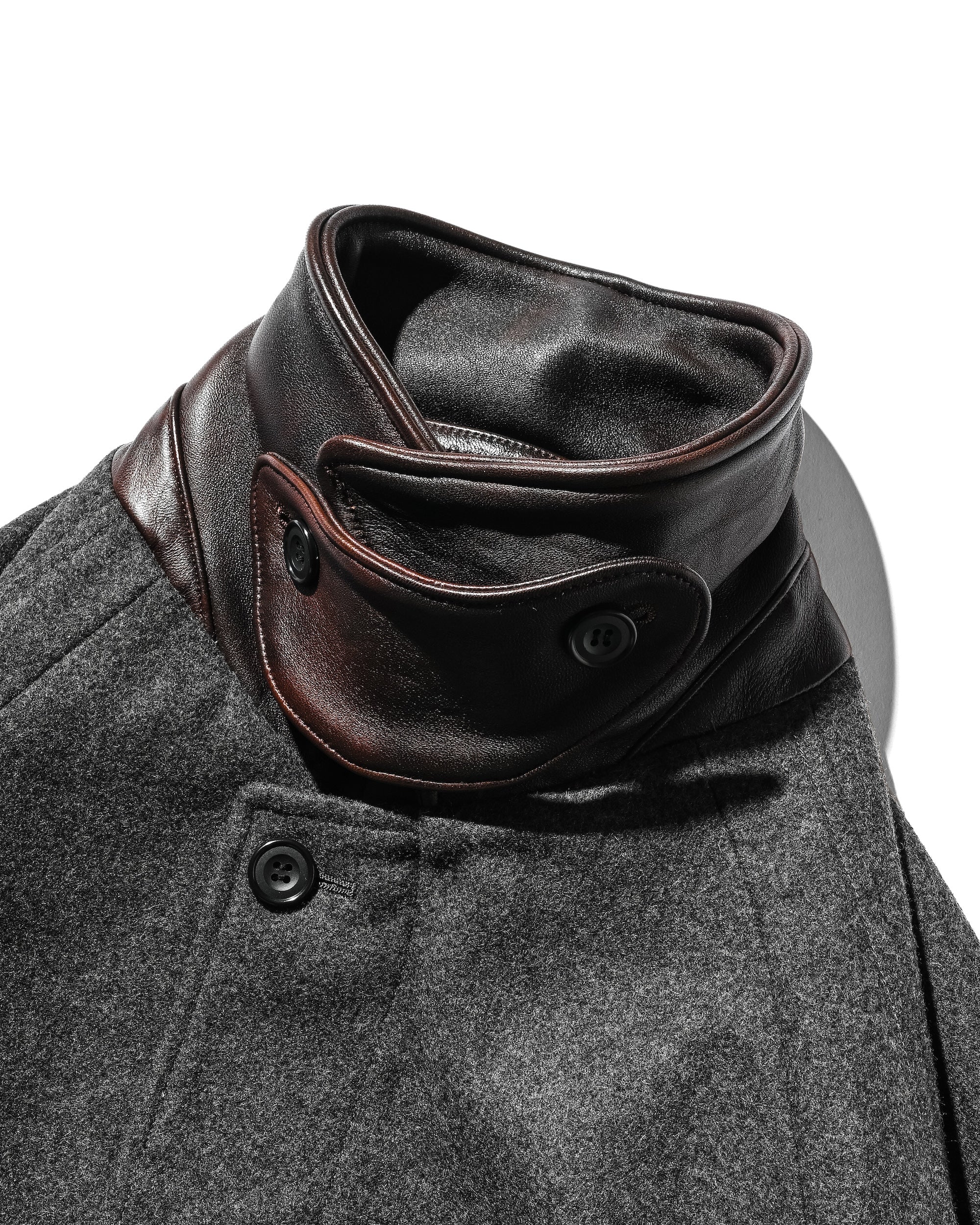 【12.10 WED 20:00- IN STOCK】LEATHER COLLAR WOOL MELTON BALMACAAN COAT (GRAY)