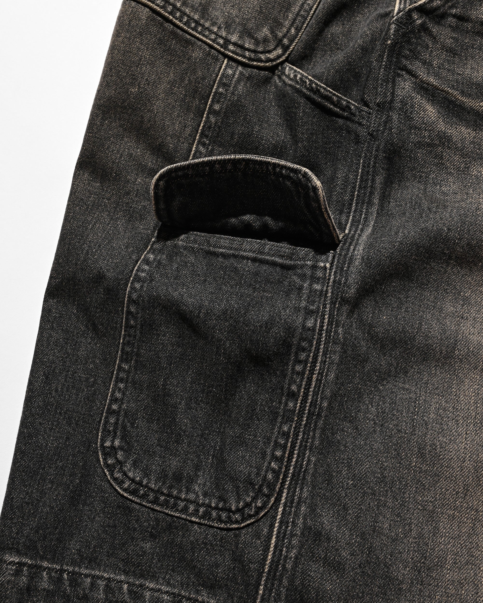 VINTAGE DYED SELVEDGE DENIM WORKER HALF PANTS (VINTAGE BLACK)