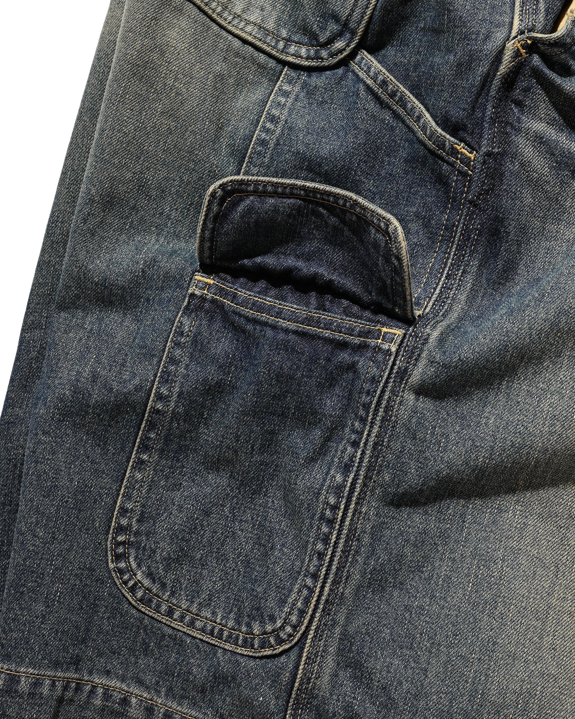 VINTAGE DYED SELVEDGE DENIM WORKER HALF PANTS (VINTAGE INDIGO)