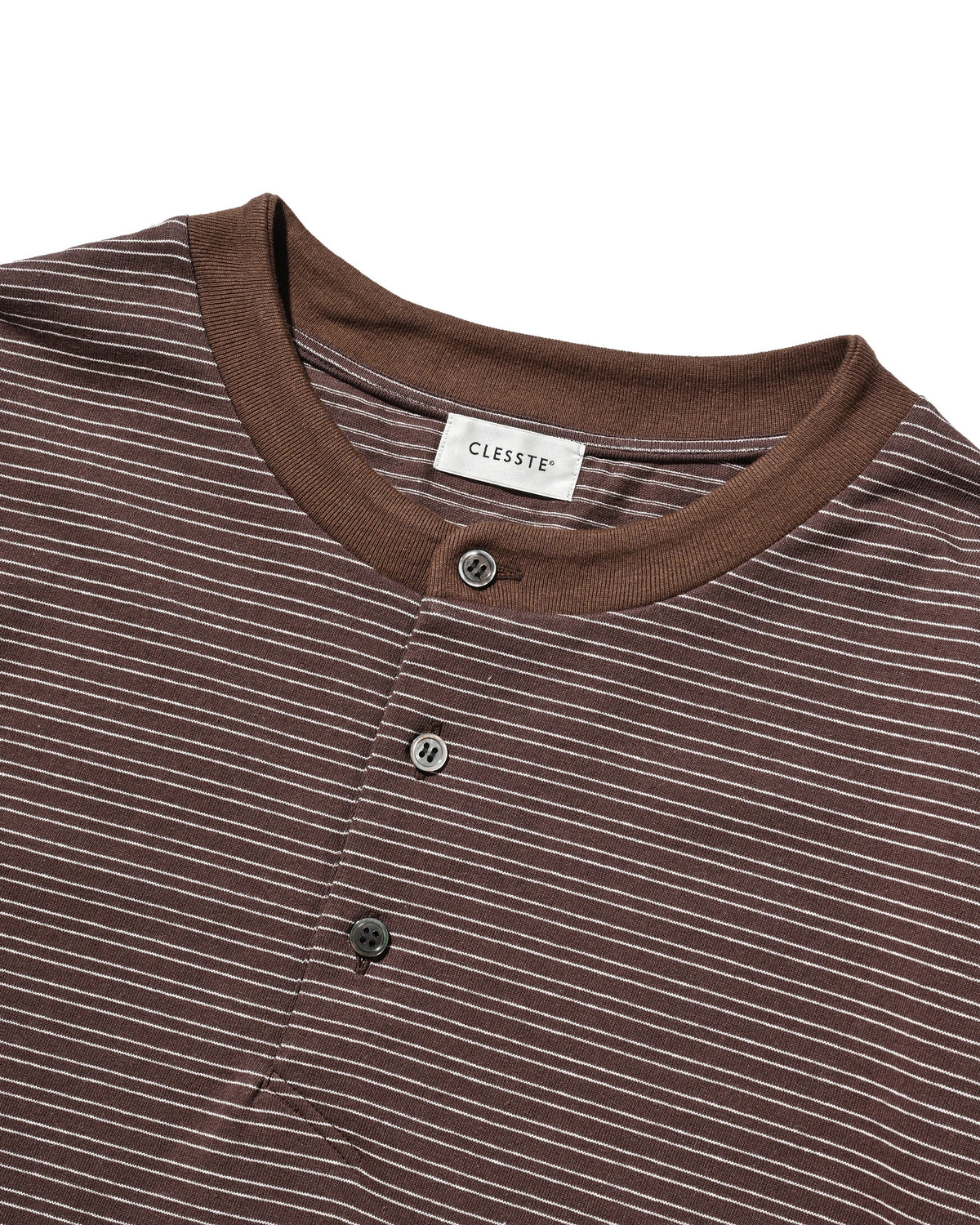 【10.14 WED 20:00- IN STOCK】 MICRO STRIPE HENLEY NECK L/S T-SHIRT WITH DRAWSTRINGS (BROWN)