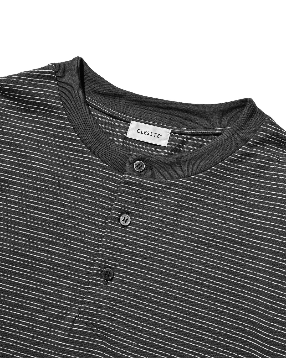 【10.14 WED 20:00- IN STOCK】 MICRO STRIPE HENLEY NECK L/S T-SHIRT WITH DRAWSTRINGS (GRAY)
