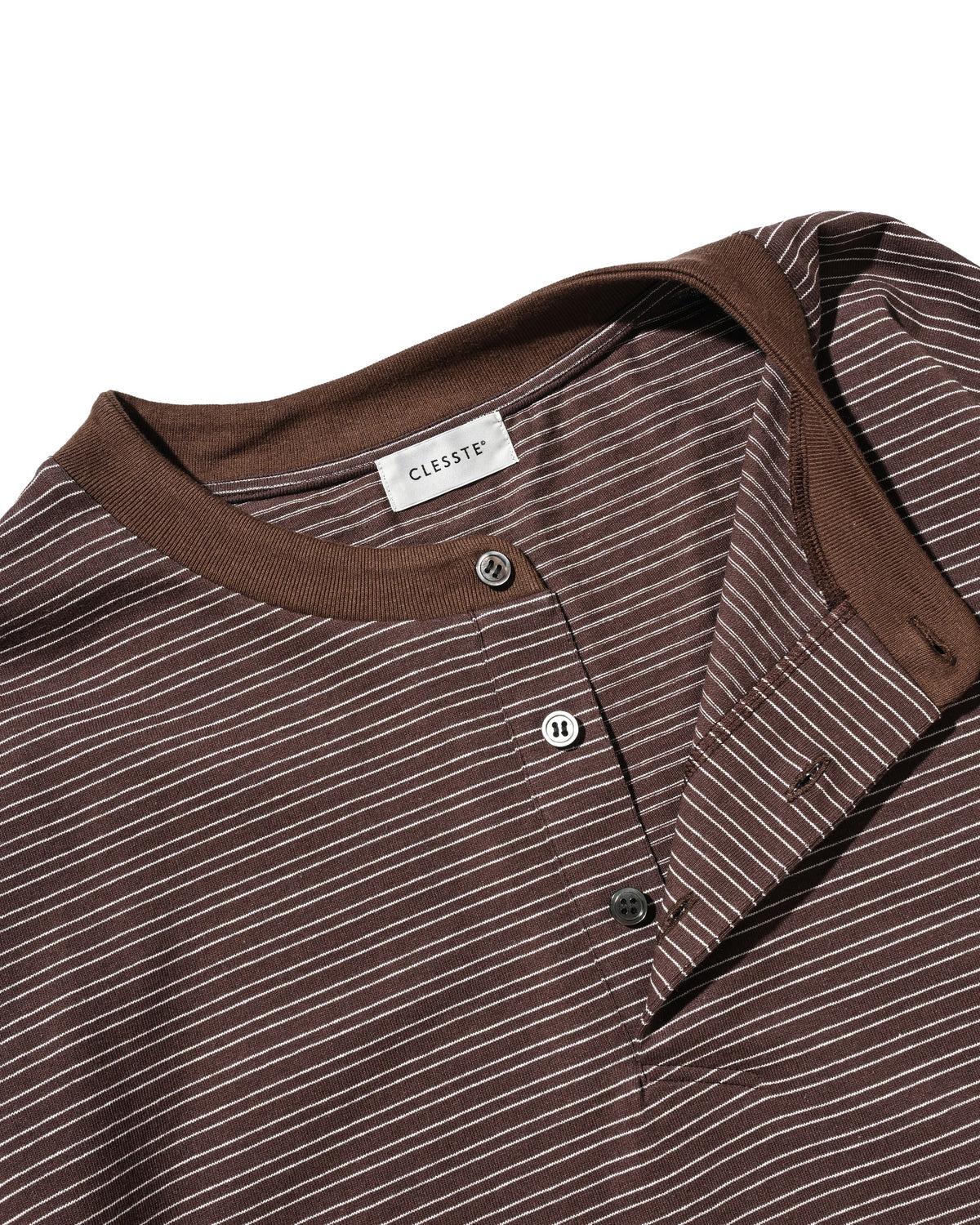 【10.14 WED 20:00- IN STOCK】 MICRO STRIPE HENLEY NECK L/S T-SHIRT WITH DRAWSTRINGS (BROWN)