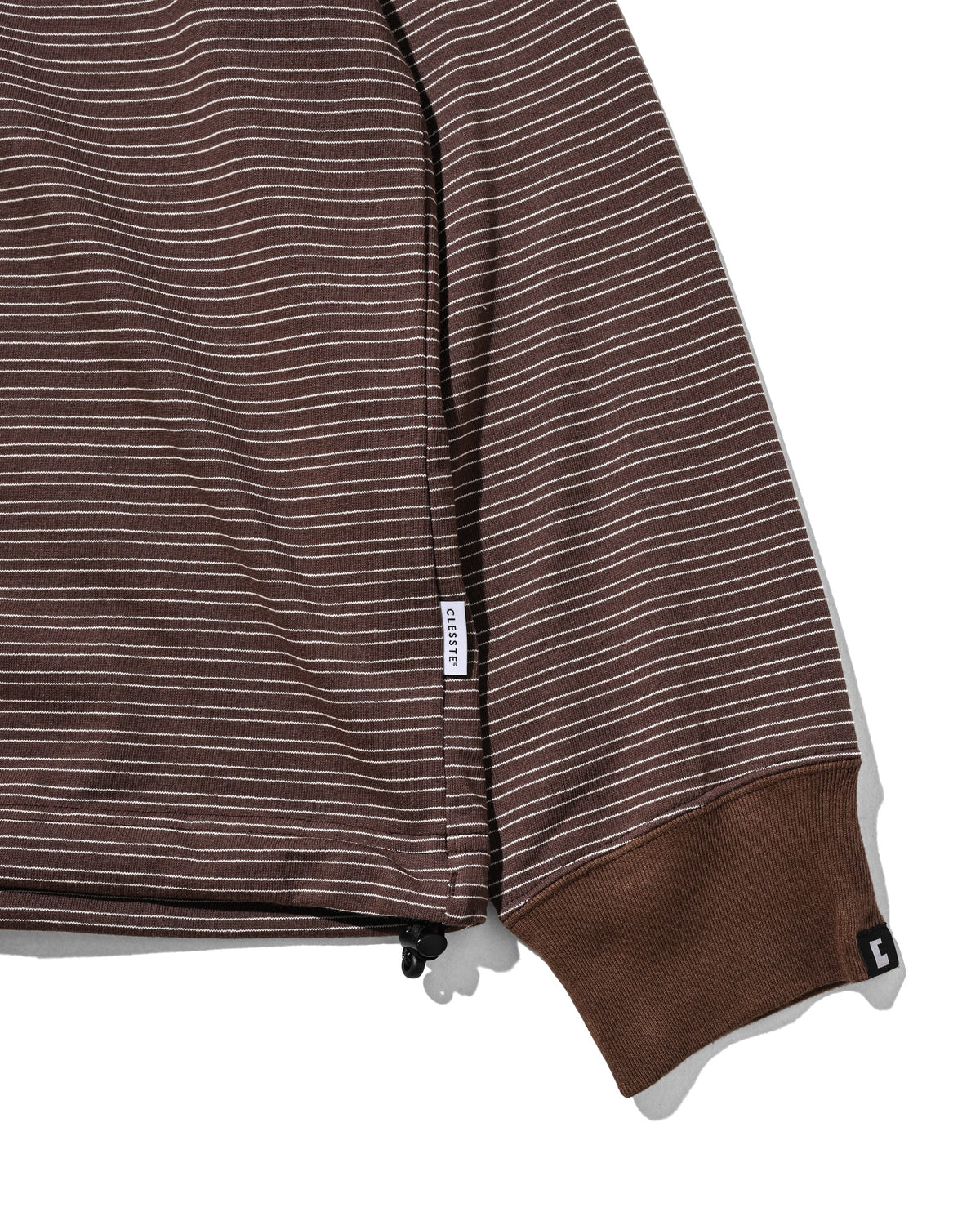【10.14 WED 20:00- IN STOCK】 MICRO STRIPE HENLEY NECK L/S T-SHIRT WITH DRAWSTRINGS (BROWN)