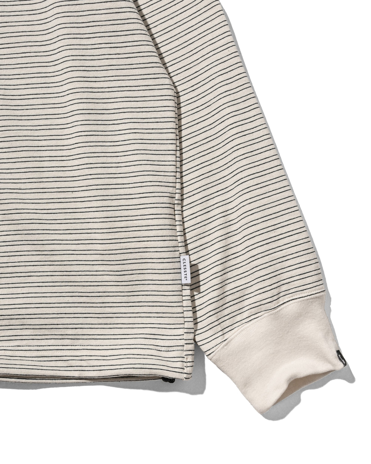 【10.14 WED 20:00- IN STOCK】 MICRO STRIPE HENLEY NECK L/S T-SHIRT WITH DRAWSTRINGS (IVORY)