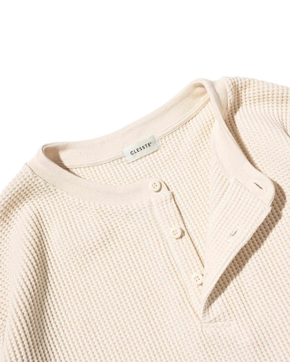 【10.28 WED 20:00- IN STOCK】 THERMAL HENLEY NECK L/S T-SHIRT WITH DRAWSTRINGS (IVORY)