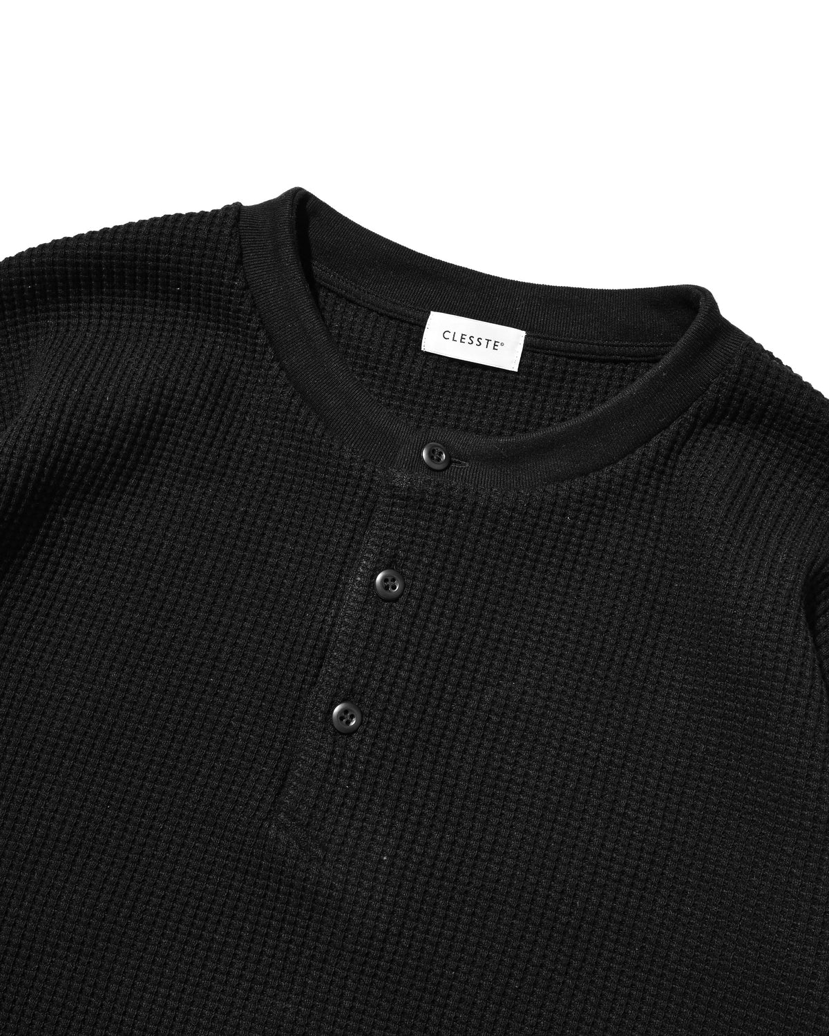 【10.28 WED 20:00- IN STOCK】 THERMAL HENLEY NECK L/S T-SHIRT WITH DRAWSTRINGS (BLACK)