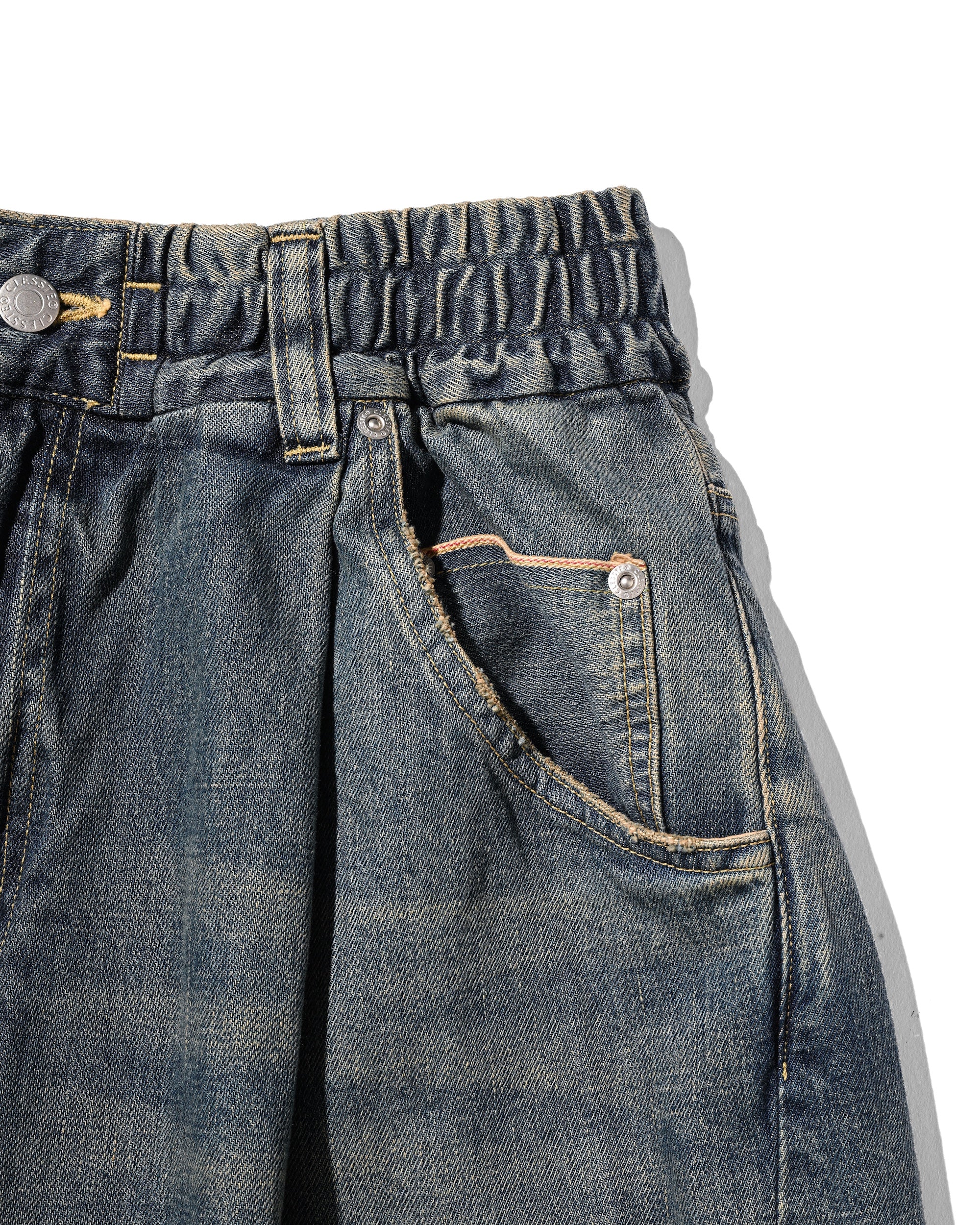 VINTAGE DYED SELVEDGE DENIM CITY BAGGY HALF PANTS (VINTAGE INDIGO)