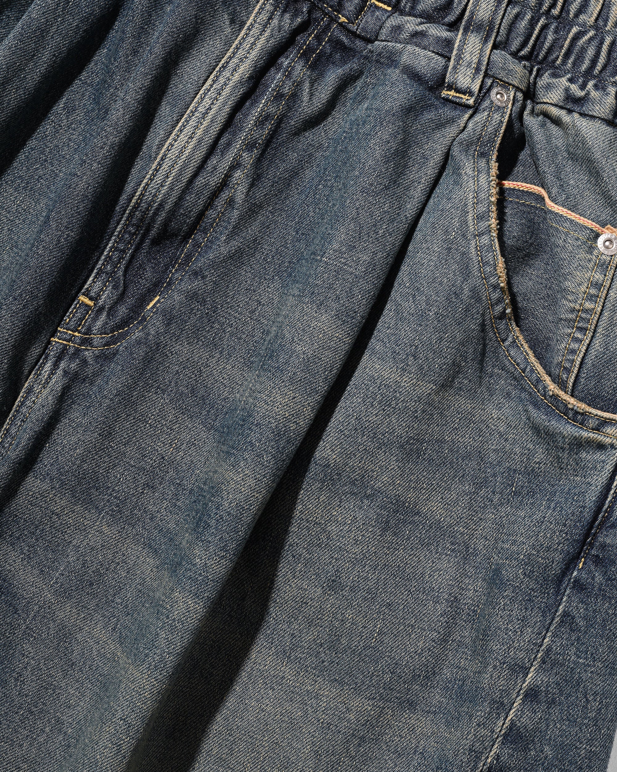 VINTAGE DYED SELVEDGE DENIM CITY BAGGY HALF PANTS (VINTAGE INDIGO)