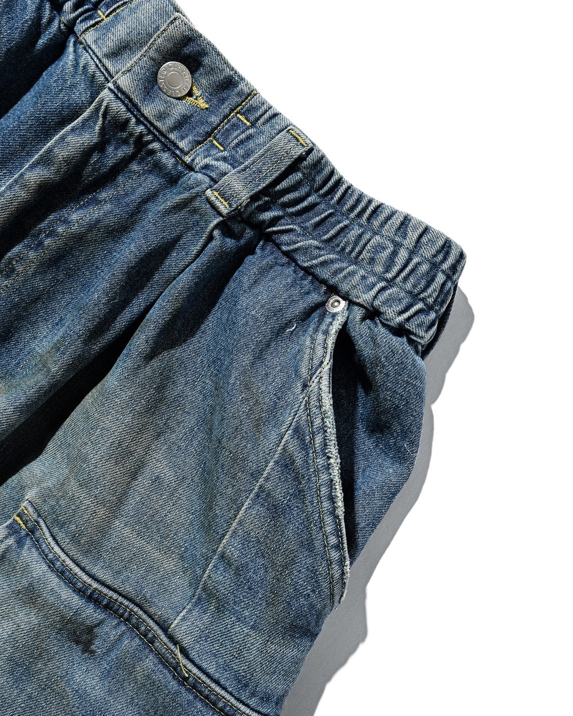 VINTAGE DYED SELVEDGE DENIM CITY MEGA POCKET BALLOON CARGO HALF PANTS (VINTAGE LIGHT INDIGO)