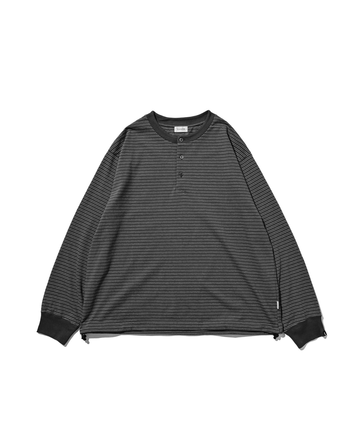 【10.14 WED 20:00- IN STOCK】 MICRO STRIPE HENLEY NECK L/S T-SHIRT WITH DRAWSTRINGS (GRAY)