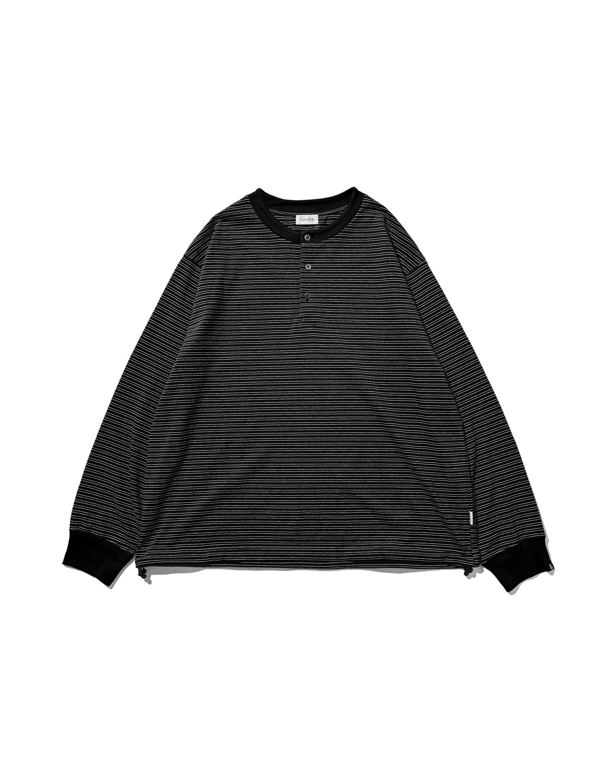 【10.14 WED 20:00- IN STOCK】MICRO STRIPE HENLEY NECK L/S T-SHIRT WITH DRAWSTRINGS (BLACK)