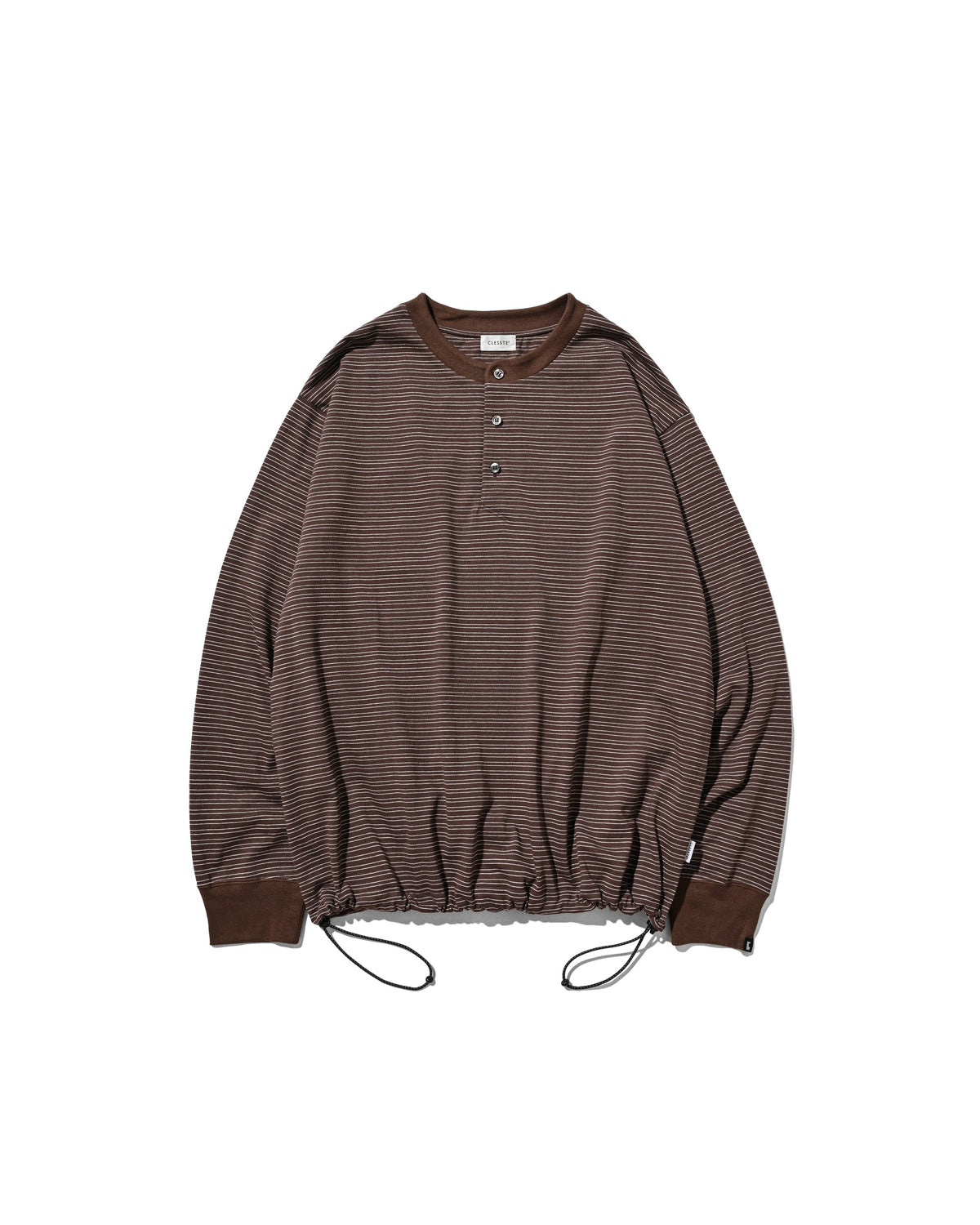 【10.14 WED 20:00- IN STOCK】 MICRO STRIPE HENLEY NECK L/S T-SHIRT WITH DRAWSTRINGS (BROWN)