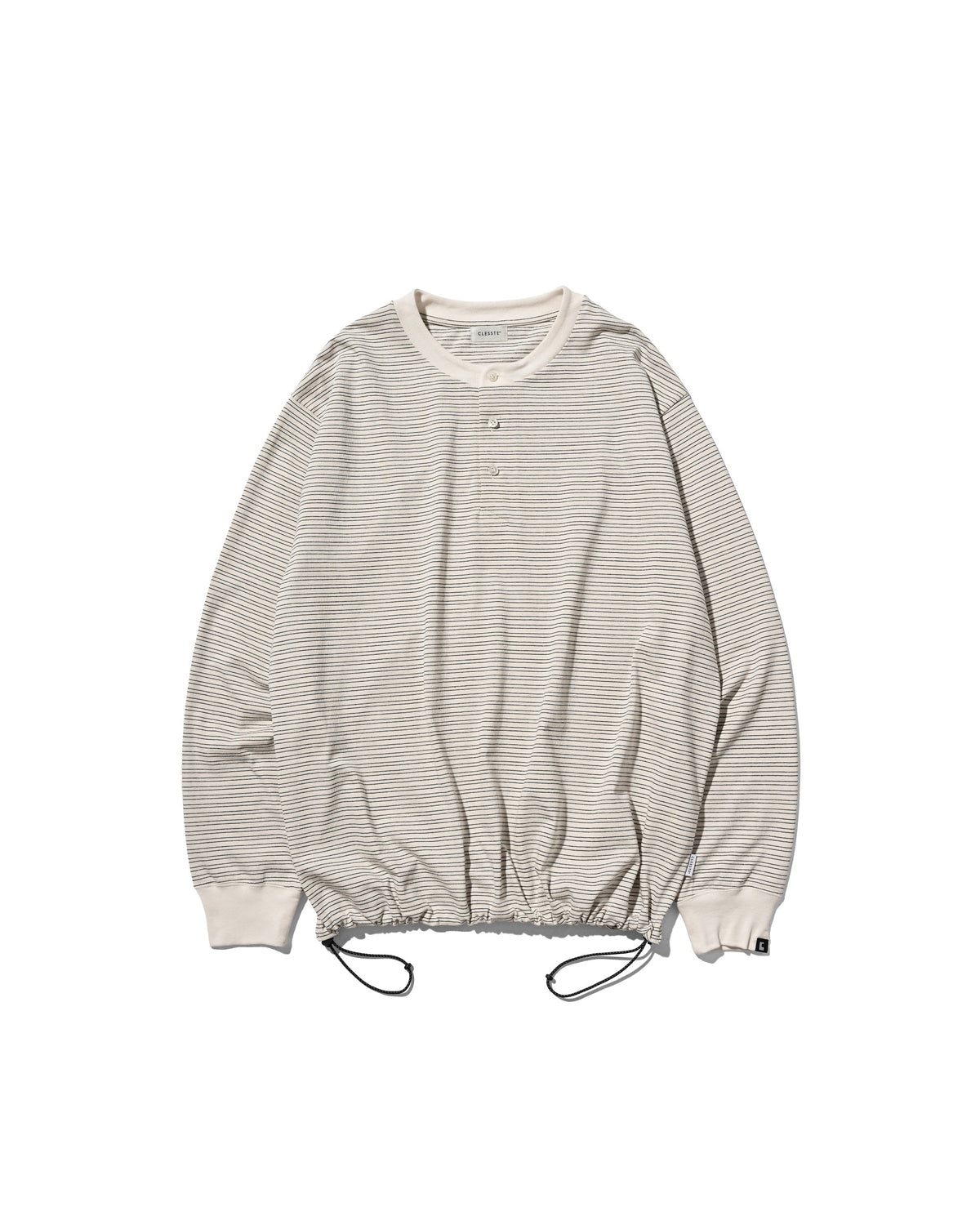 【10.14 WED 20:00- IN STOCK】 MICRO STRIPE HENLEY NECK L/S T-SHIRT WITH DRAWSTRINGS (IVORY)