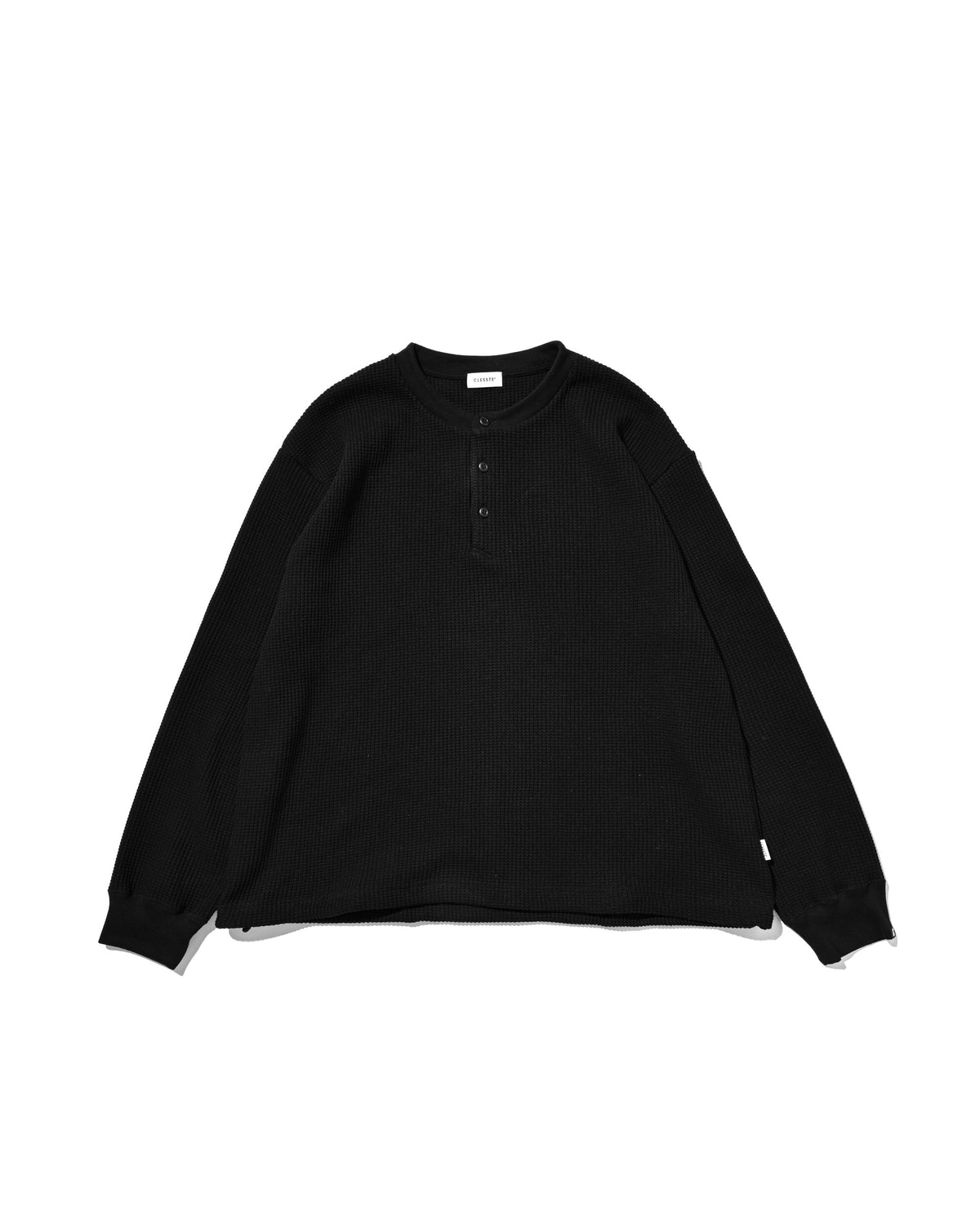【10.28 WED 20:00- IN STOCK】 THERMAL HENLEY NECK L/S T-SHIRT WITH DRAWSTRINGS (BLACK)