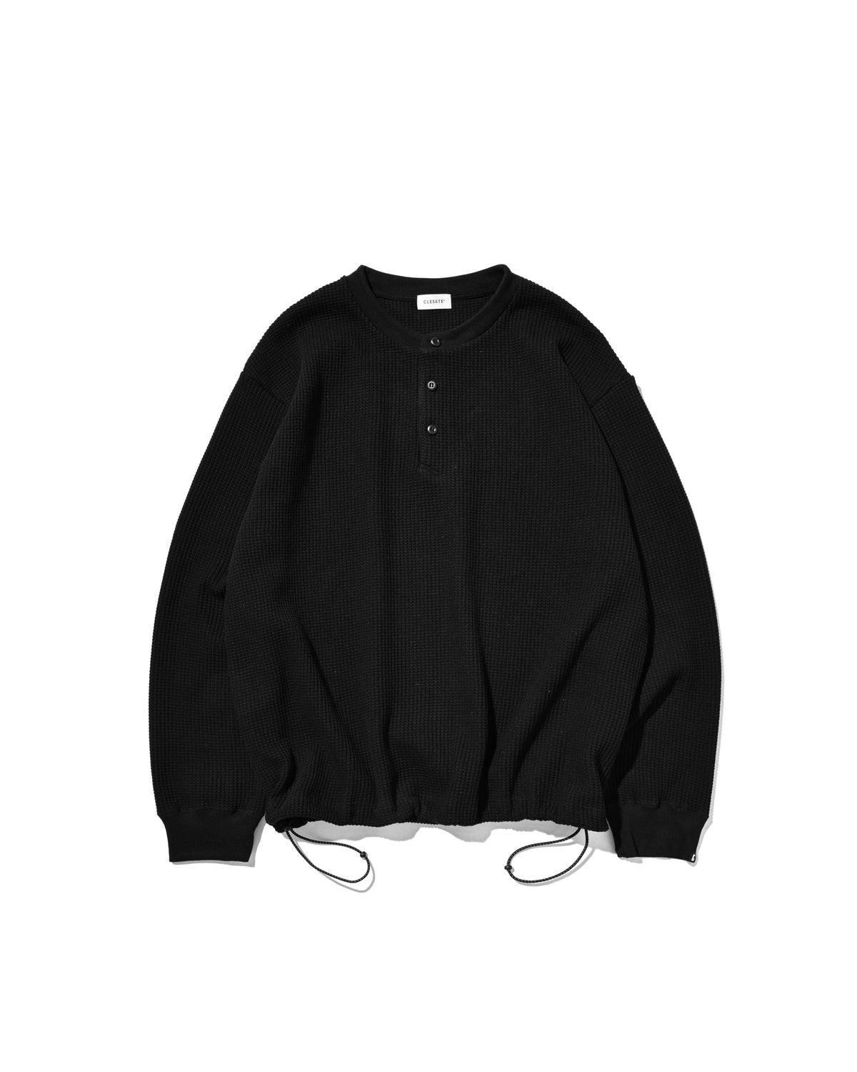 【10.28 WED 20:00- IN STOCK】 THERMAL HENLEY NECK L/S T-SHIRT WITH DRAWSTRINGS (BLACK)