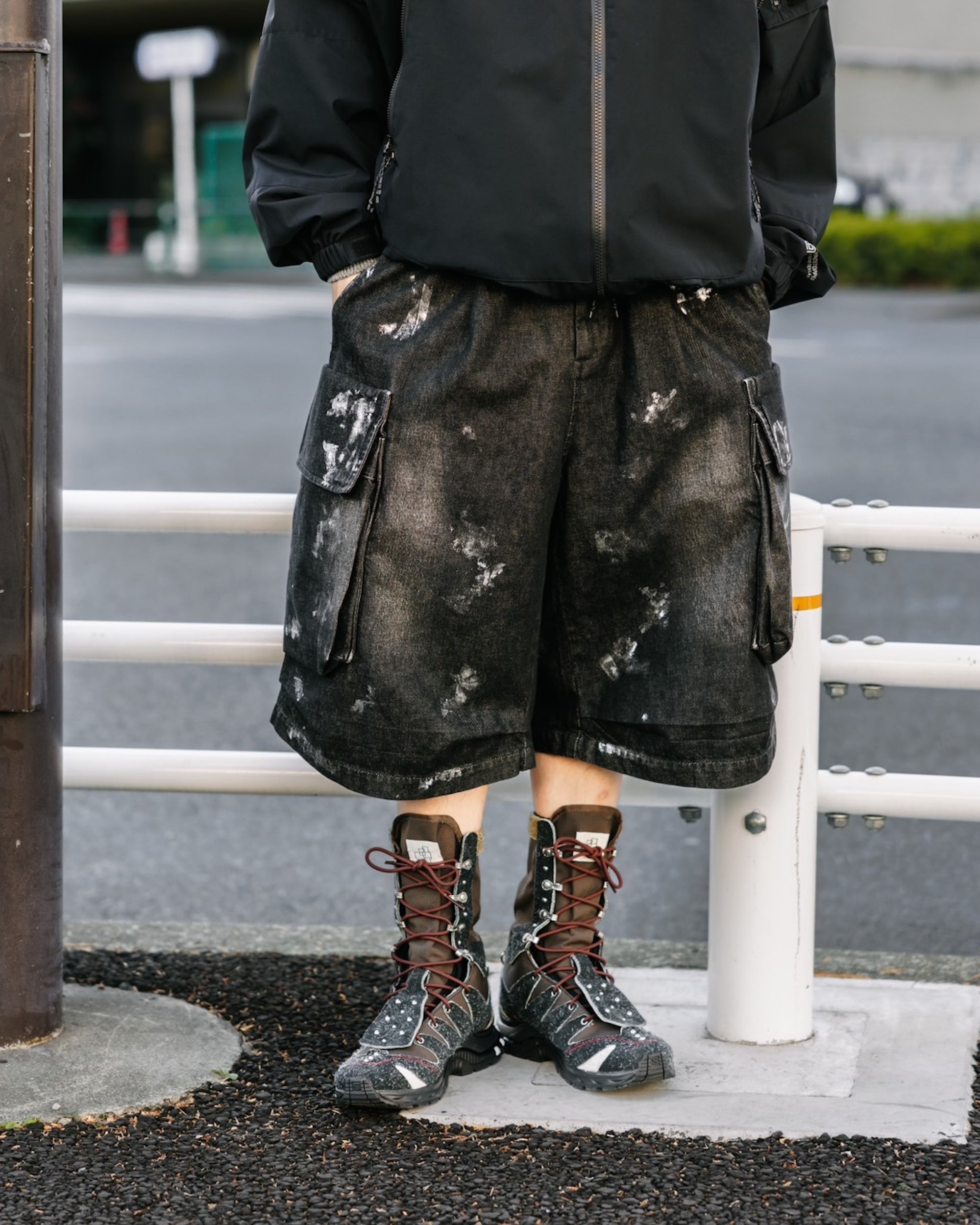 SILVER PRINT VINTAGE WASH SELVEDGE DENIM CITY MILITARY HALF PANTS