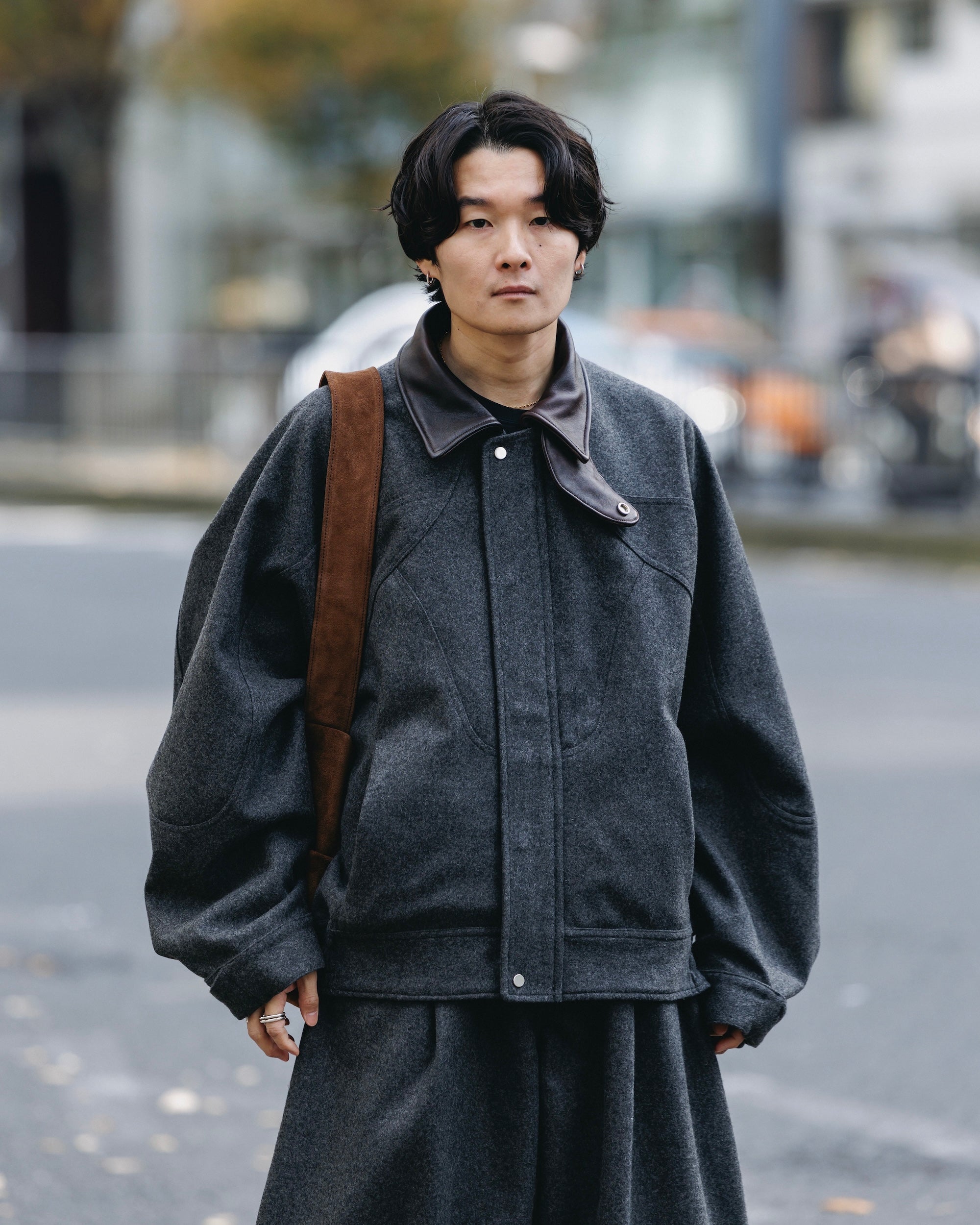 LEATHER COLLAR WOOL MELTON FUTURE JACKET (GRAY)