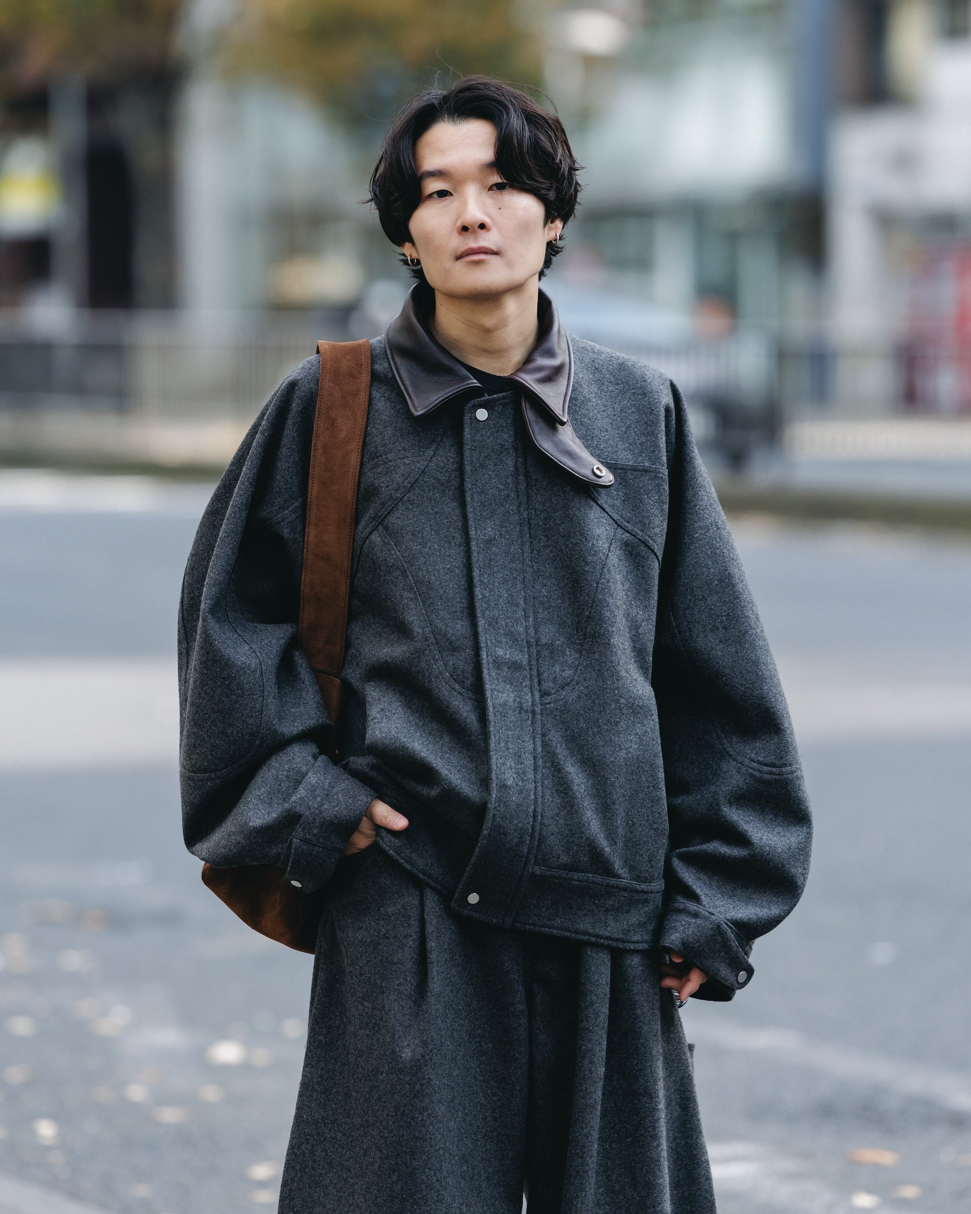 LEATHER COLLAR WOOL MELTON FUTURE JACKET (GRAY)