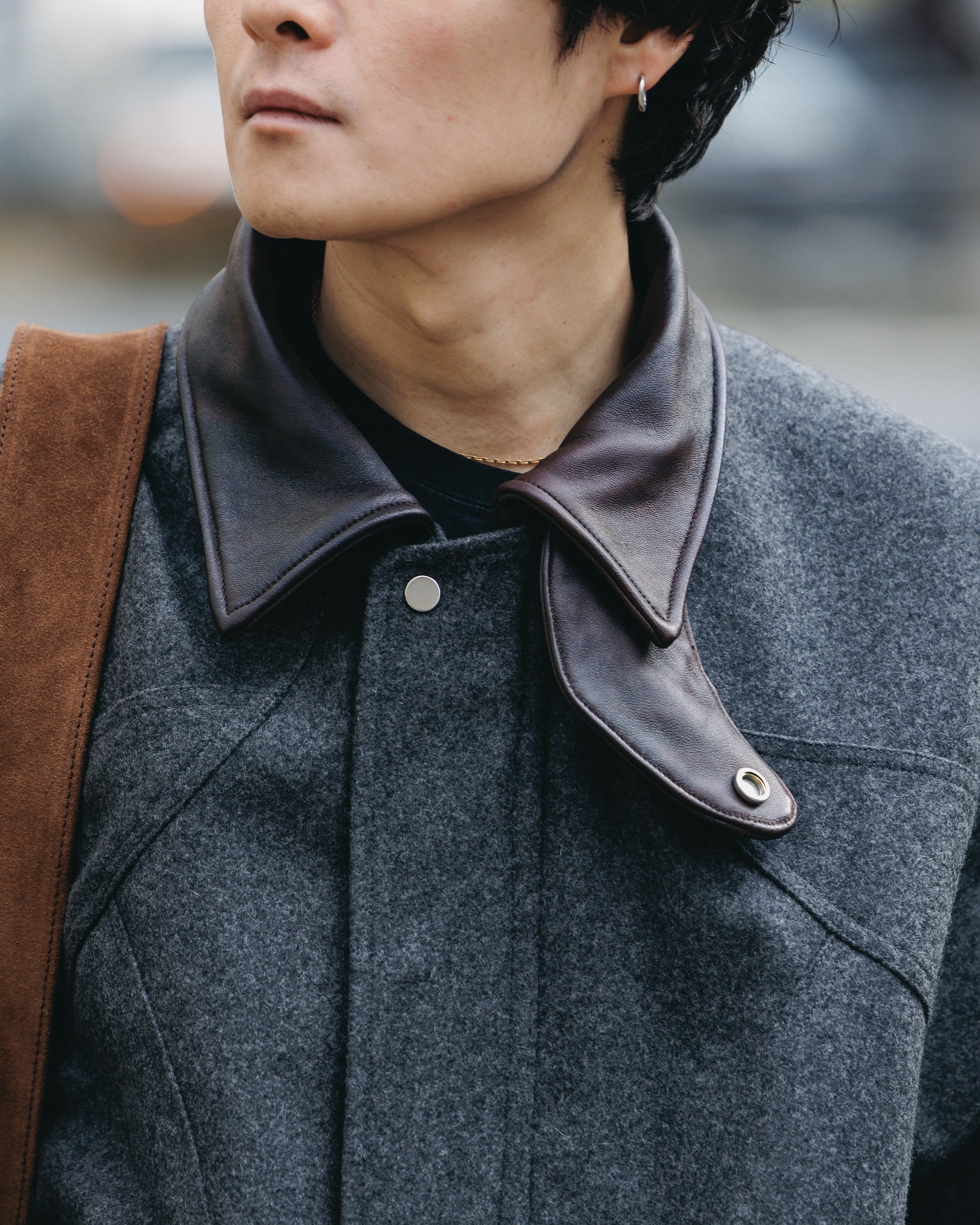 LEATHER COLLAR WOOL MELTON FUTURE JACKET (GRAY) LEATHER COLLAR WOOL MELTON FUTURE JACKET (GRAY)