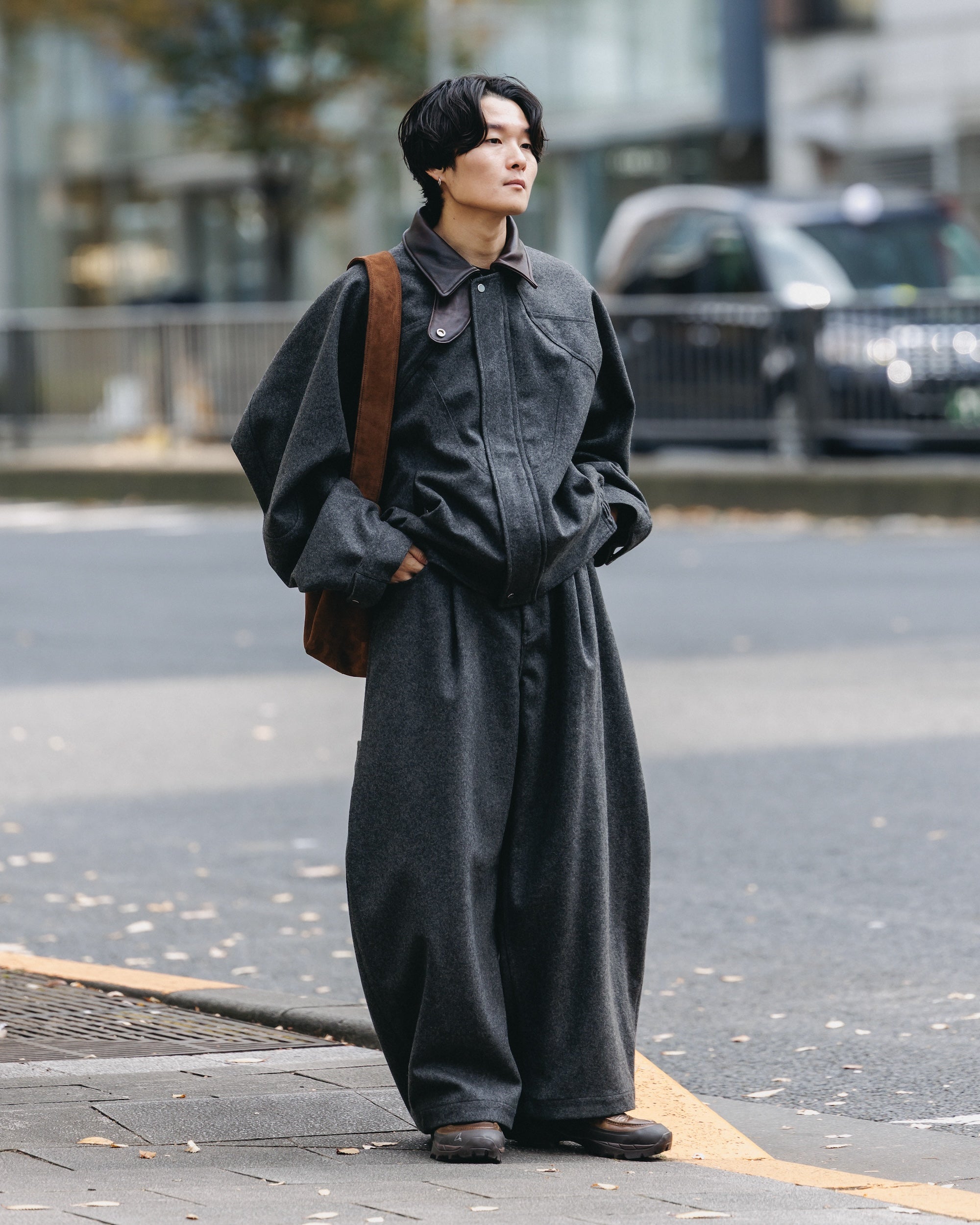 【12.6 SAT 20:00- IN STOCK】LEATHER COLLAR WOOL MELTON FUTURE JACKET (GRAY)