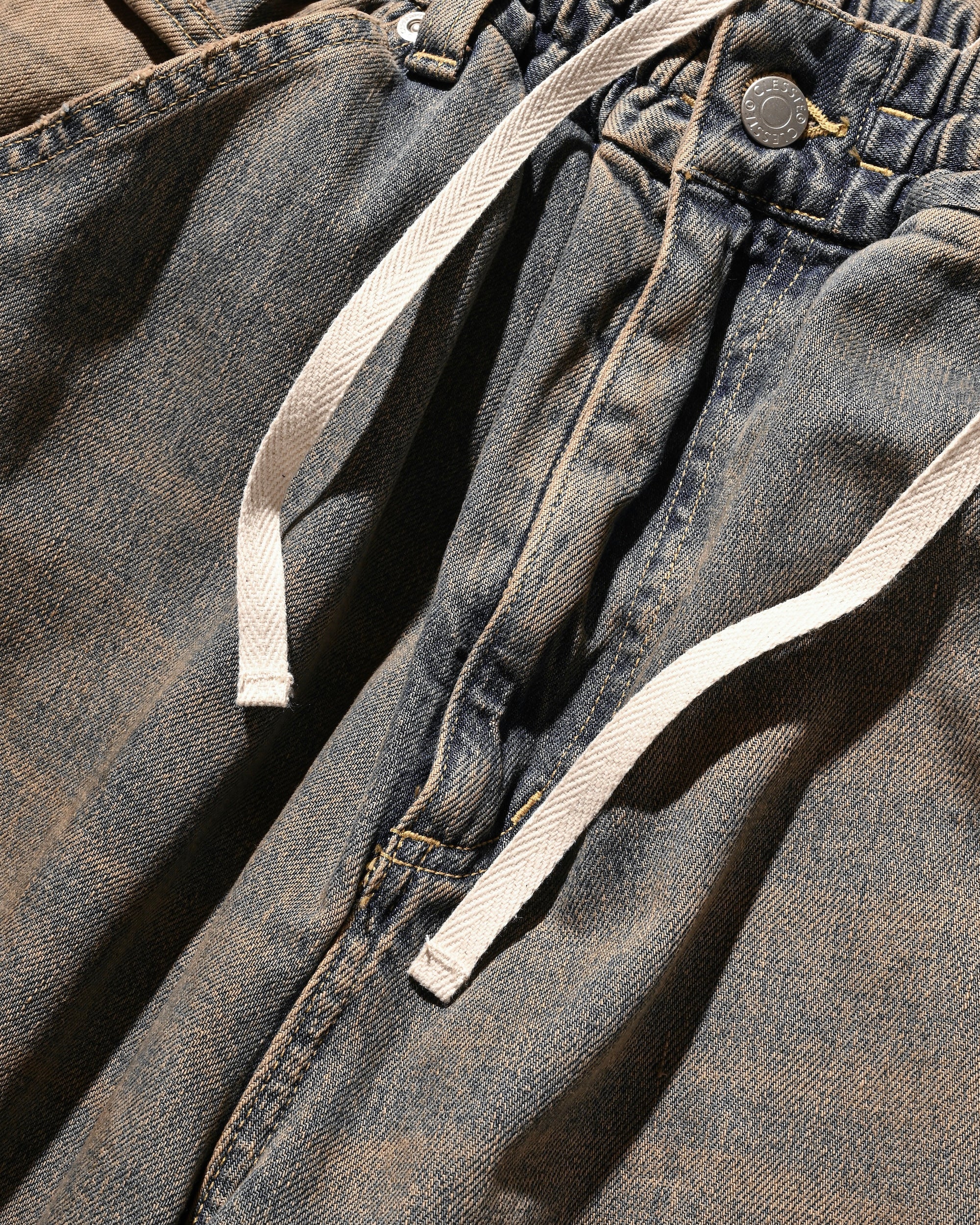 VINTAGE DYED SELVEDGE DENIM DOUBLE KNEE CURVED WORKER PANTS (VINTAGE BEIGE)