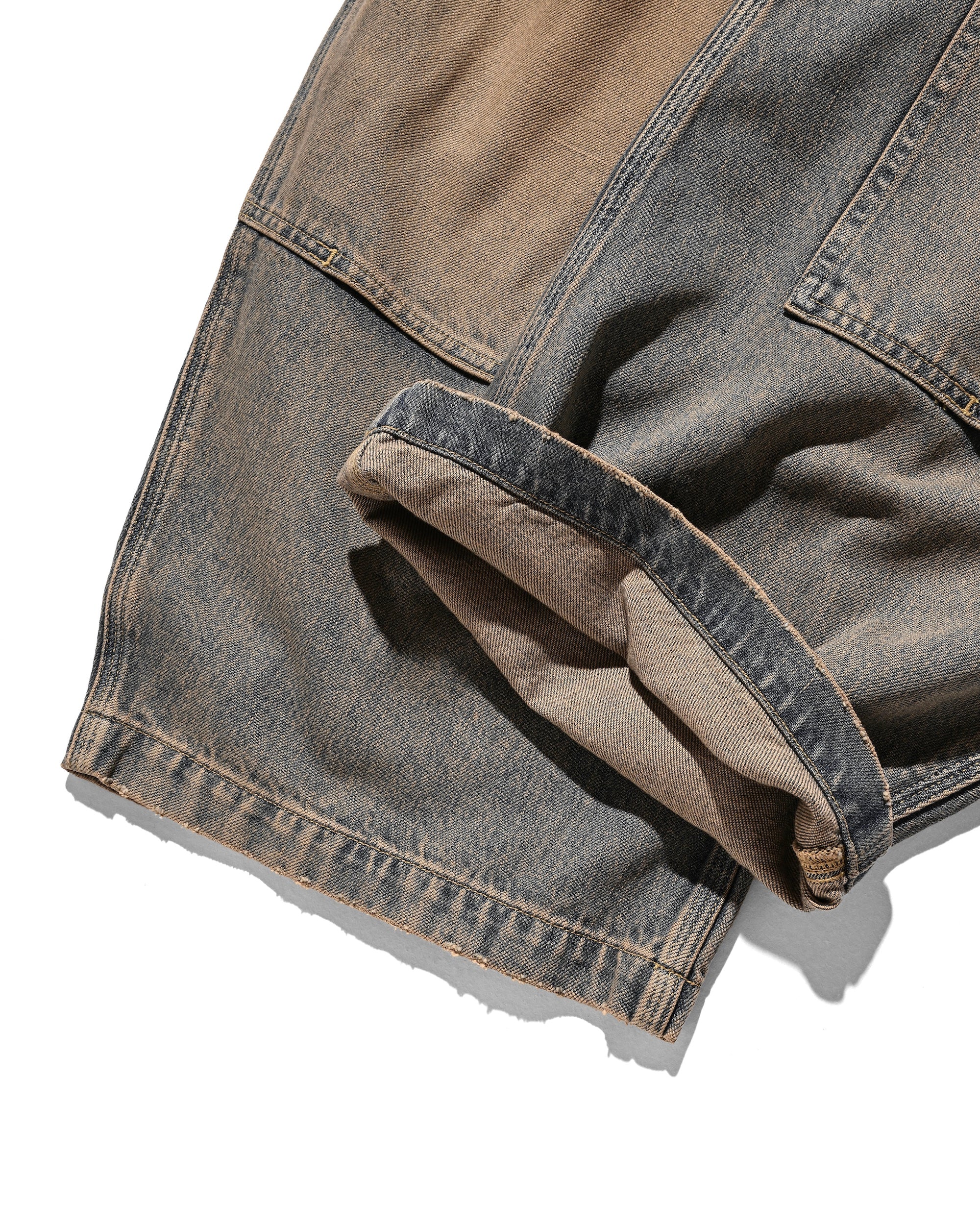 VINTAGE DYED SELVEDGE DENIM DOUBLE KNEE CURVED WORKER PANTS (VINTAGE BEIGE)