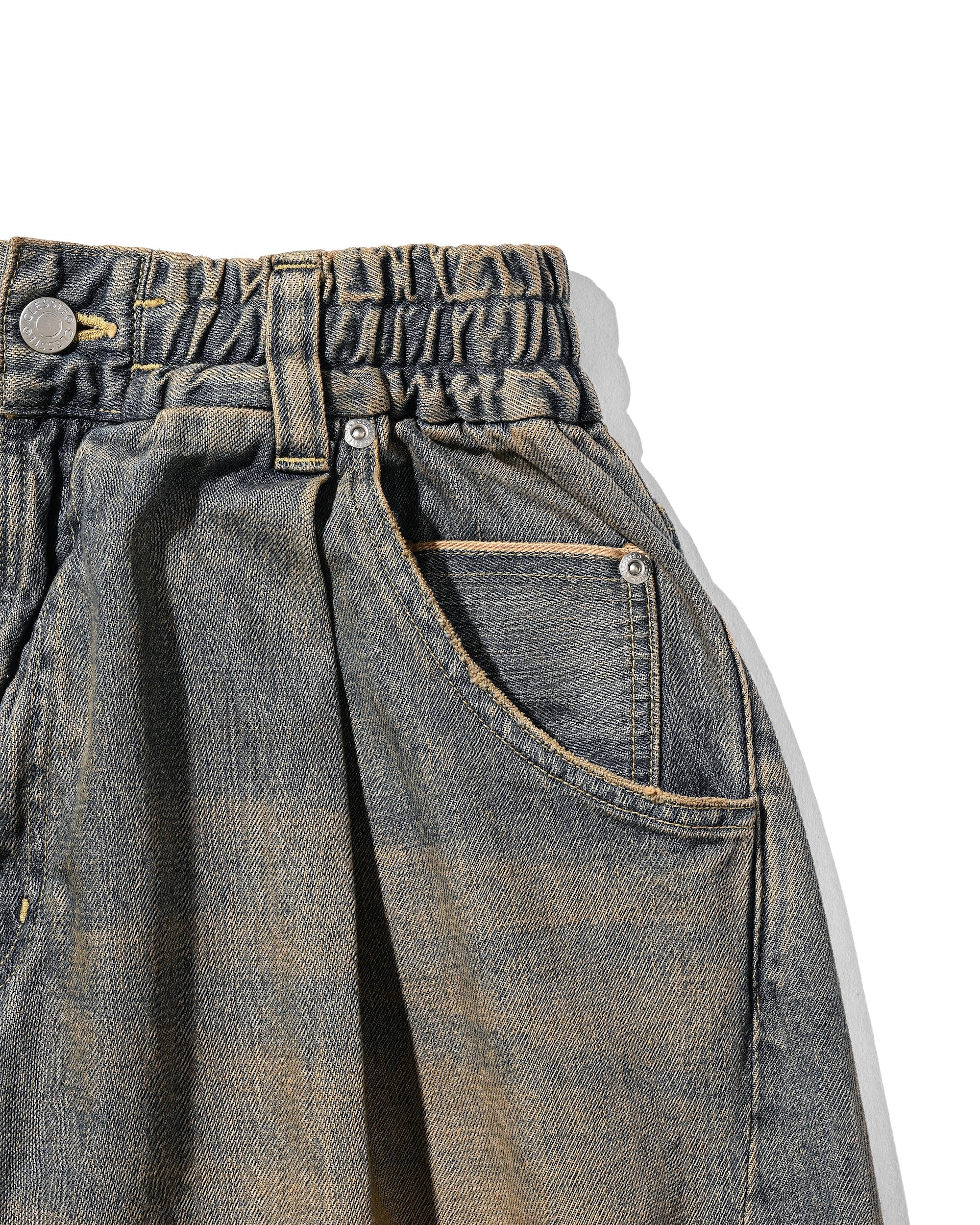 VINTAGE DYED SELVEDGE DENIM CITY BAGGY HALF PANTS (VINTAGE BEIGE)