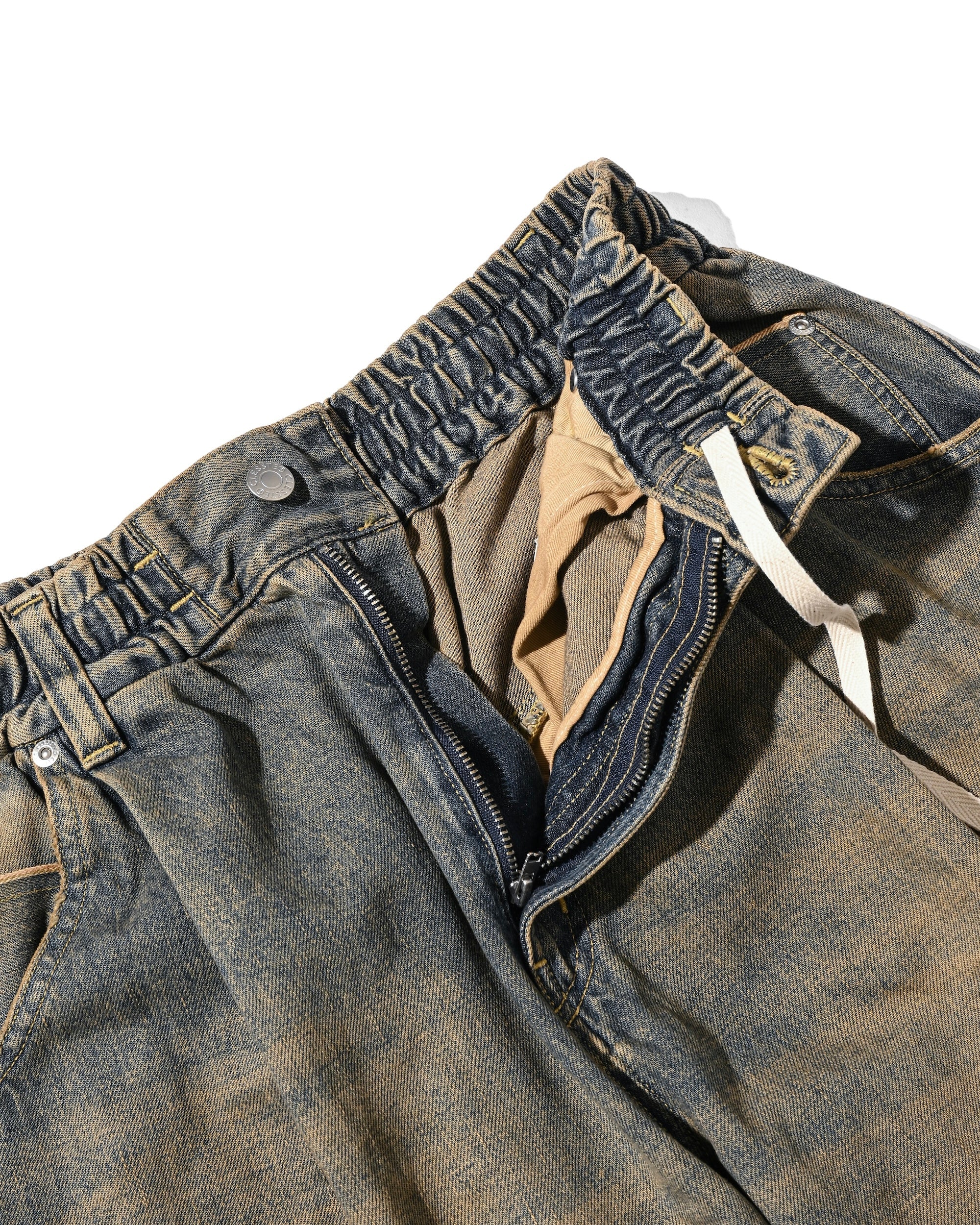 VINTAGE DYED SELVEDGE DENIM CITY BAGGY HALF PANTS (VINTAGE BEIGE)