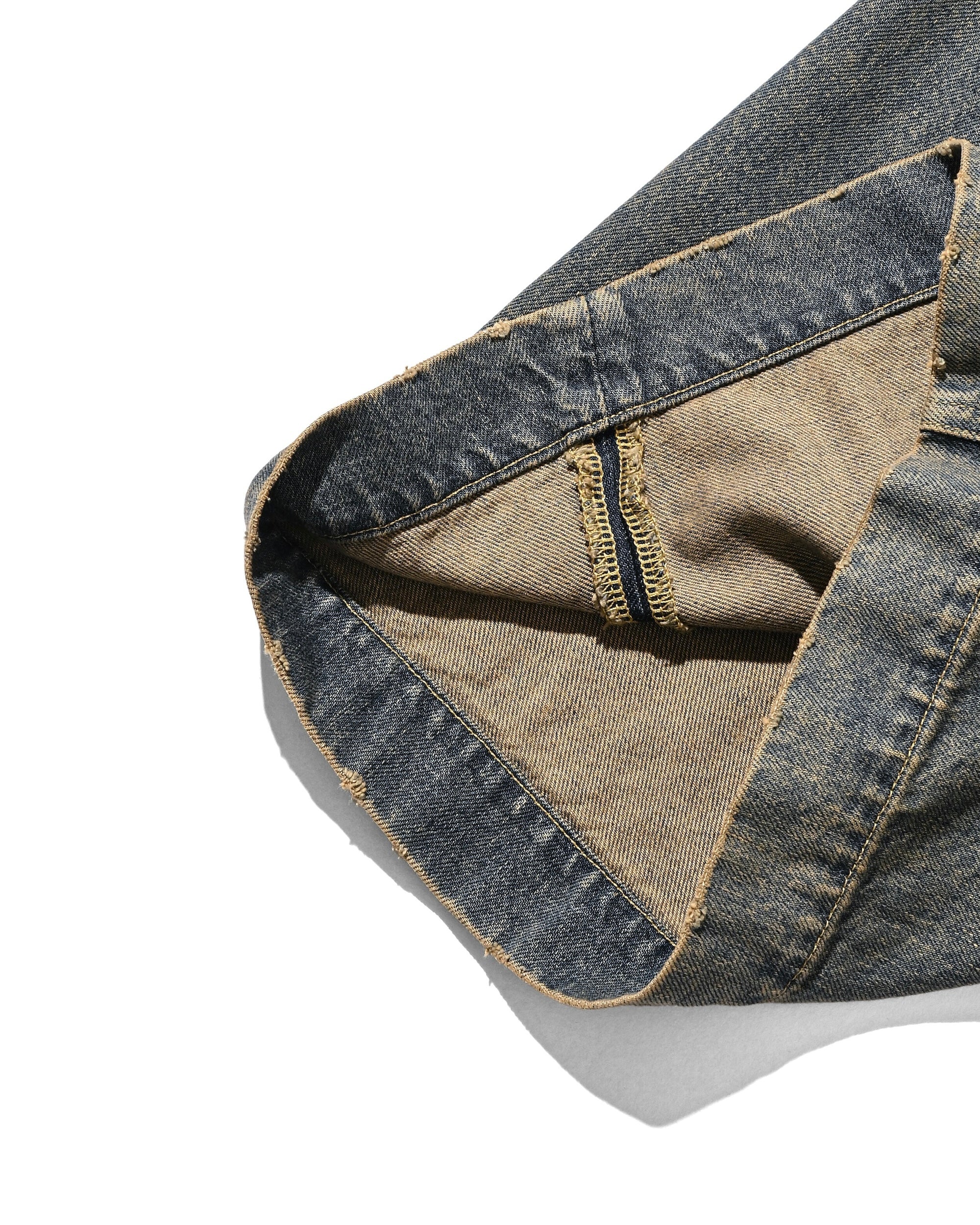 VINTAGE DYED SELVEDGE DENIM CITY BAGGY HALF PANTS (VINTAGE BEIGE)