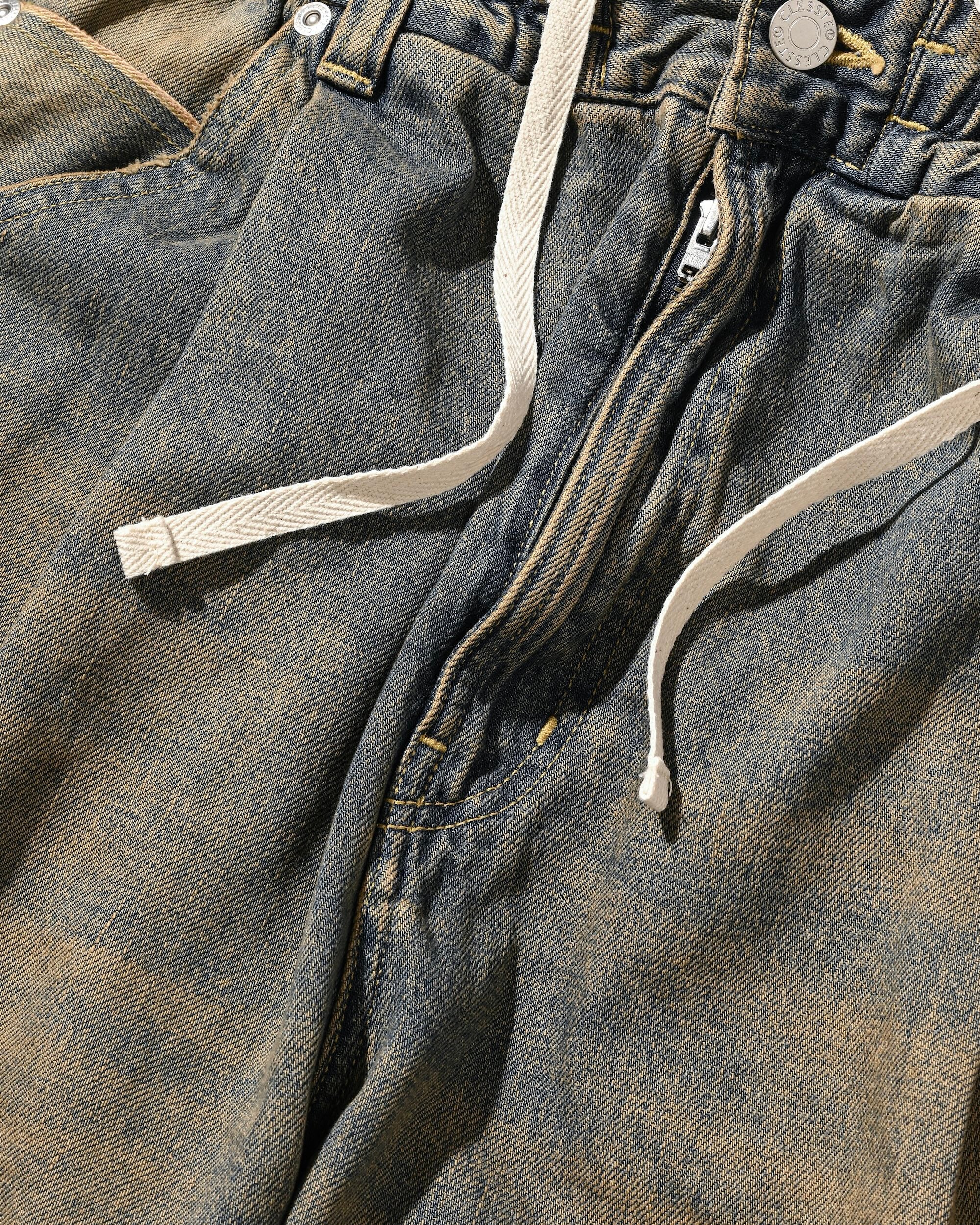 VINTAGE DYED SELVEDGE DENIM CITY BAGGY HALF PANTS (VINTAGE BEIGE)
