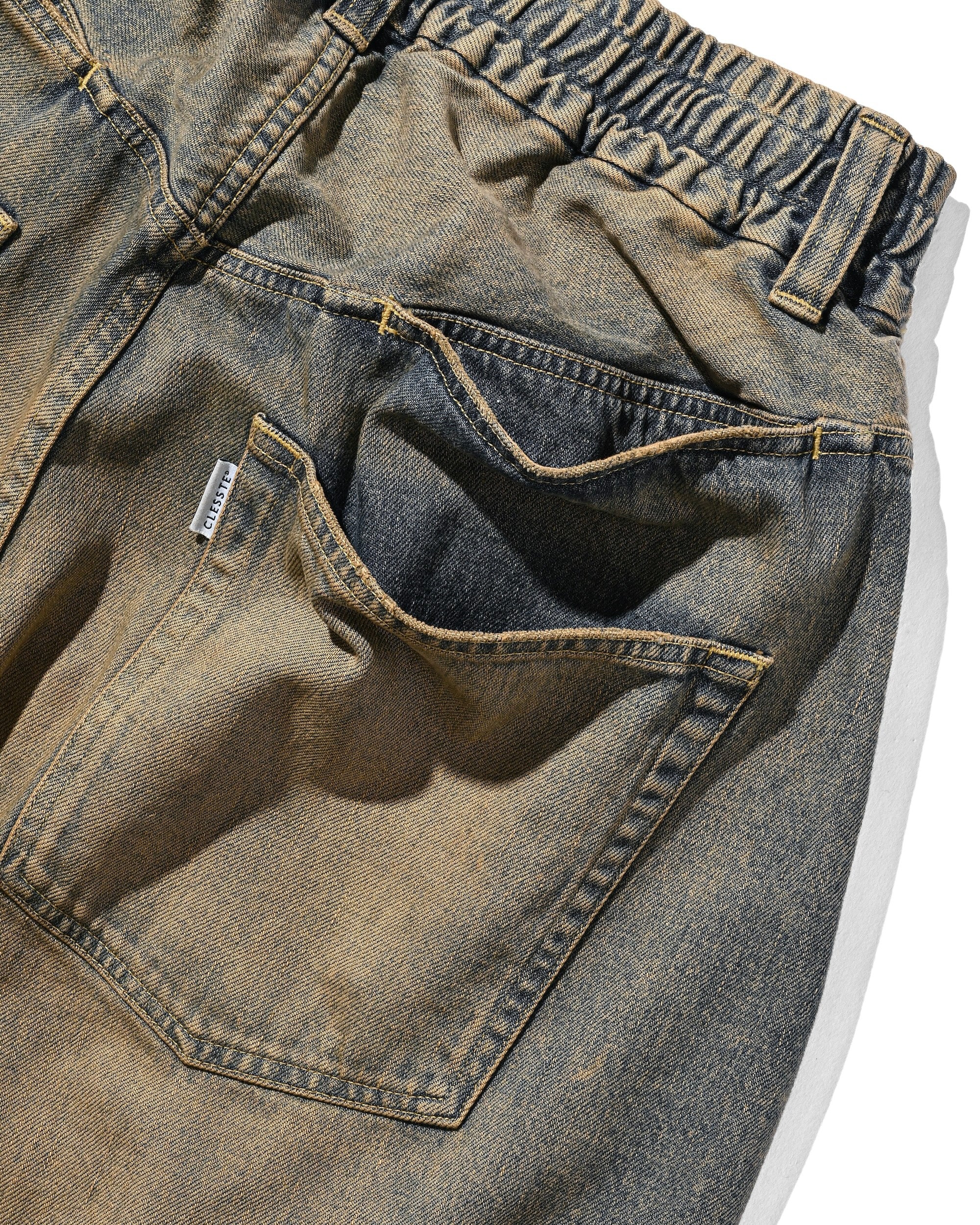 VINTAGE DYED SELVEDGE DENIM CITY BAGGY HALF PANTS (VINTAGE BEIGE)