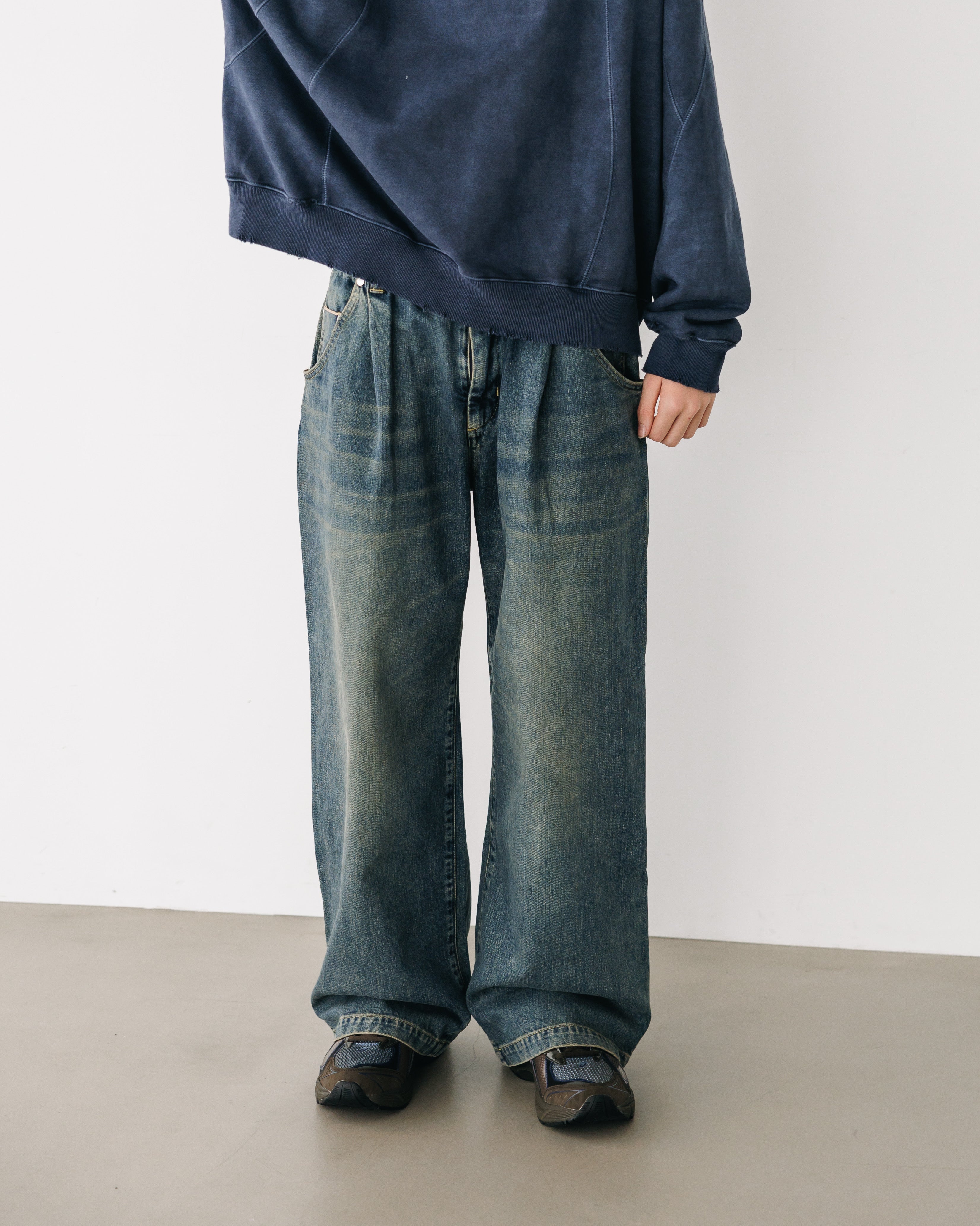 VINTAGE WASH SELVEDGE DENIM WIDE PANTS