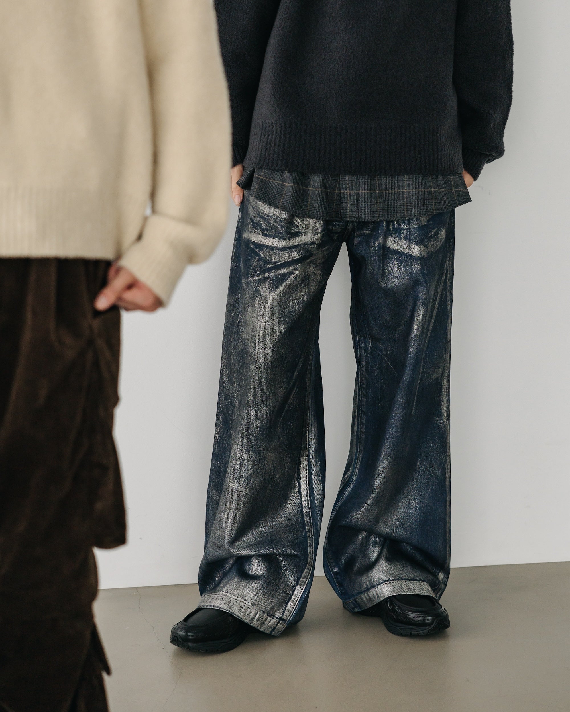 SILVER PRINT VINTAGE WASH SELVEDGE DENIM WIDE PANTS