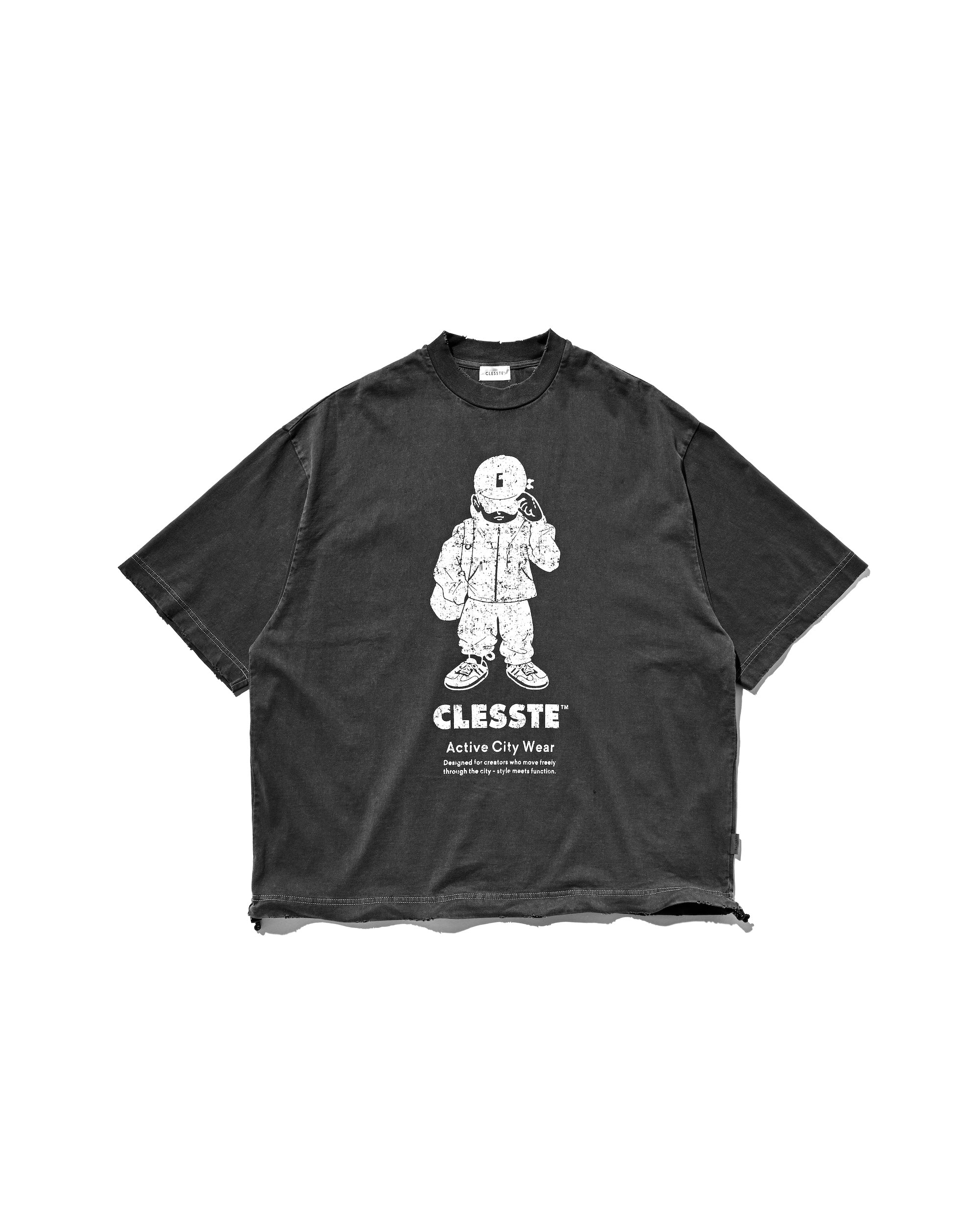 "CLESSTE BOY" PIGMENT DYED S/S T-SHIRT WITH DRAWSTRINGS (FADE BLACK).