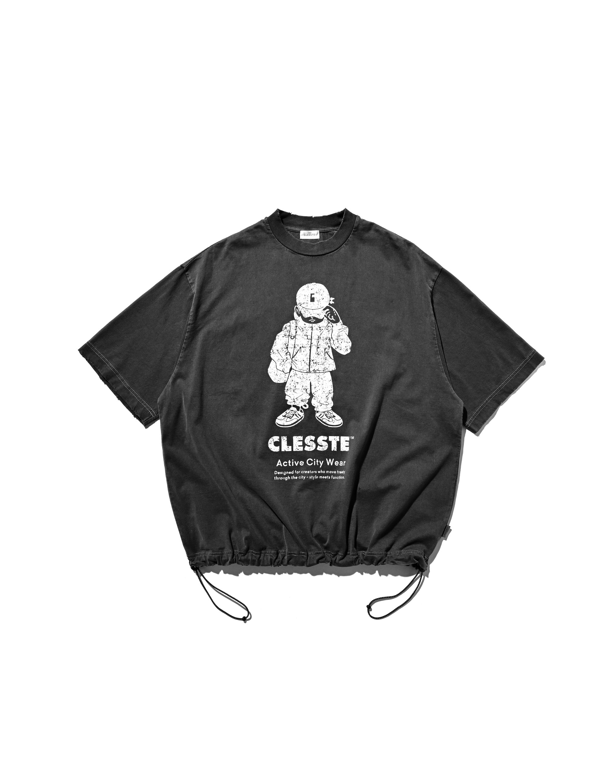 "CLESSTE BOY" PIGMENT DYED S/S T-SHIRT WITH DRAWSTRINGS (FADE BLACK).