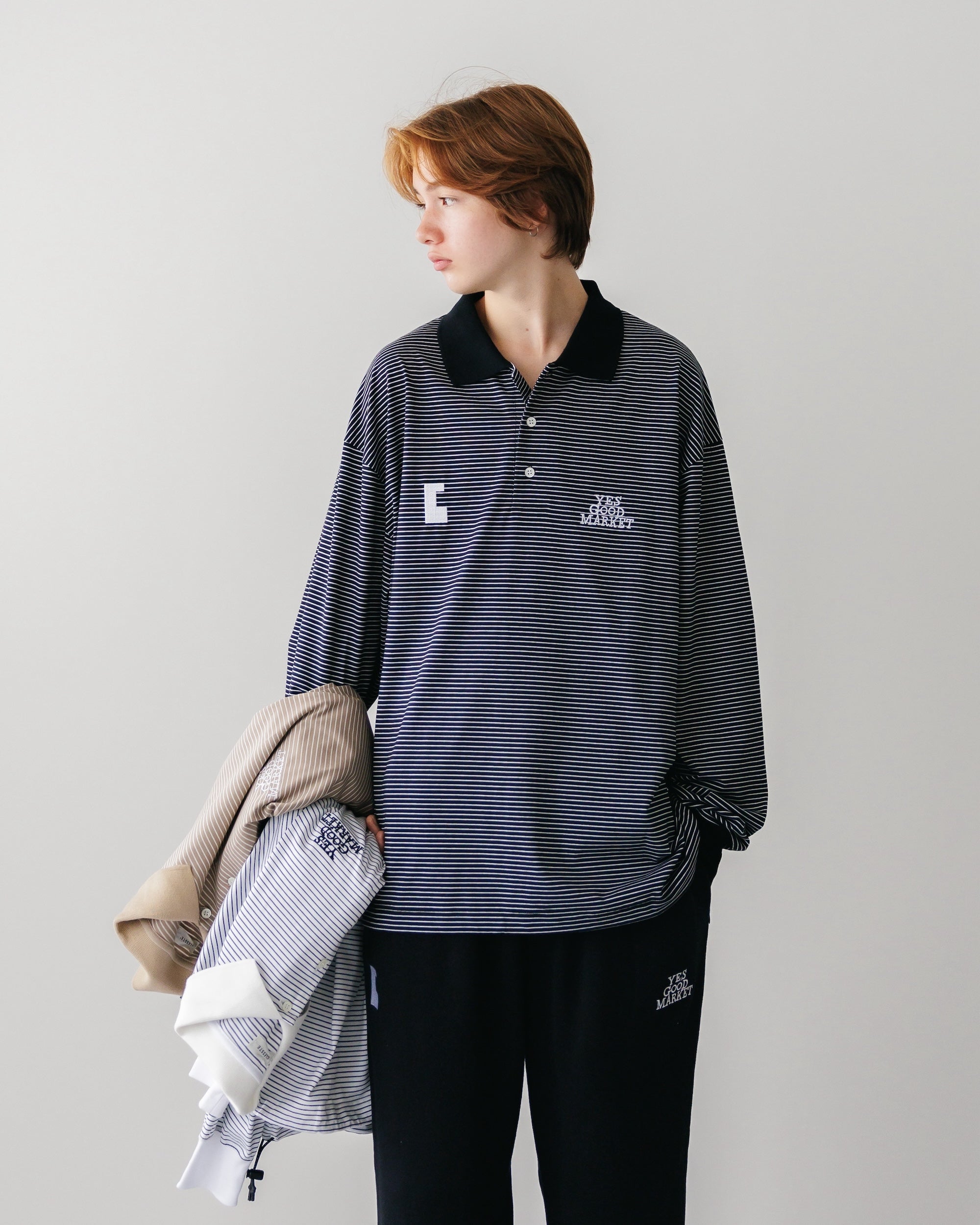 【9.8 SUN 20:00- IN STOCK】STRIPED MASSIVE L/S POLO SHIRT WITH DRAWSTRINGS FOR YES GOOD MARKET