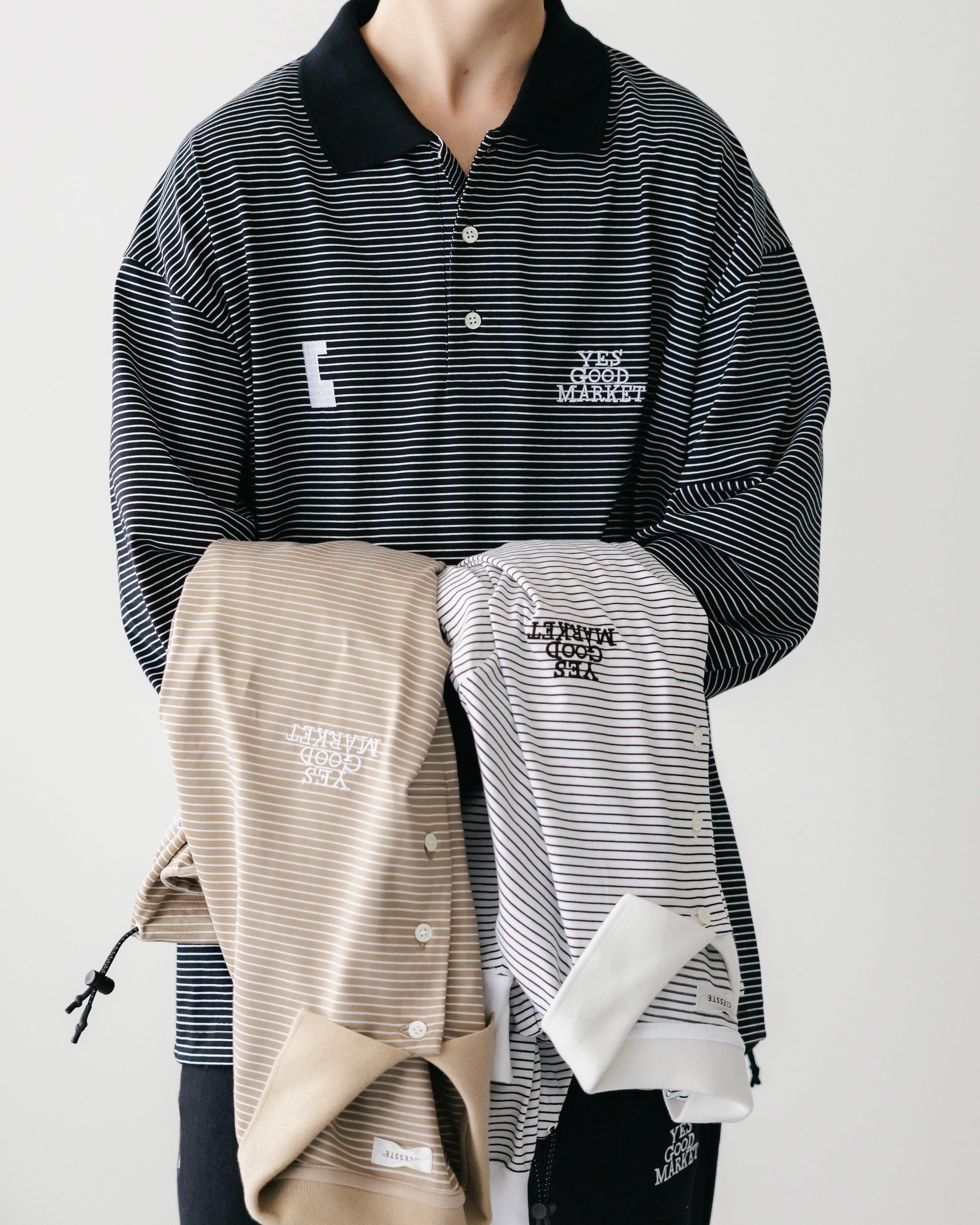 【9.8 SUN 20:00- IN STOCK】STRIPED MASSIVE L/S POLO SHIRT WITH DRAWSTRINGS FOR YES GOOD MARKET