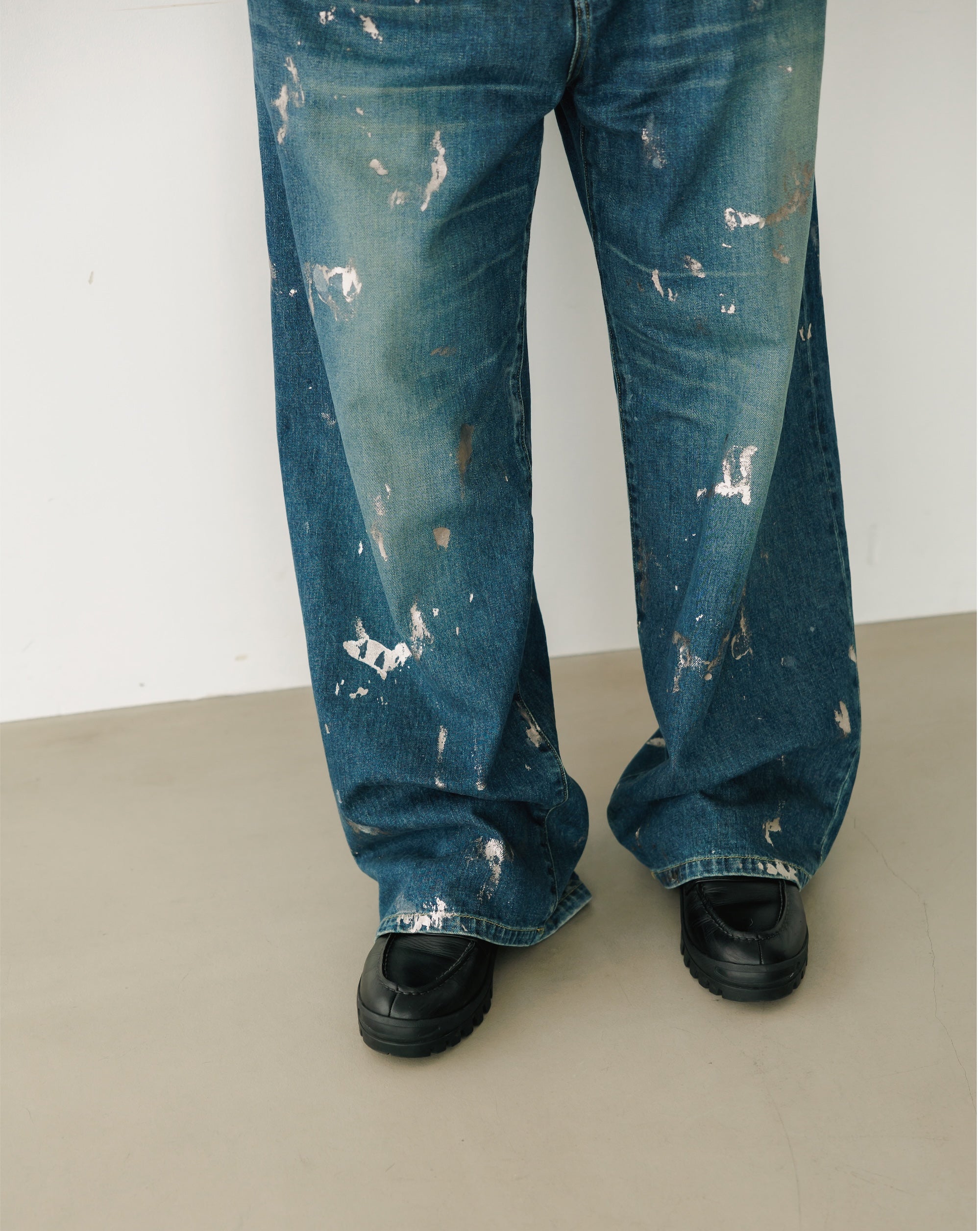 SILVER PRINT VINTAGE WASH SELVEDGE DENIM WIDE PANTS