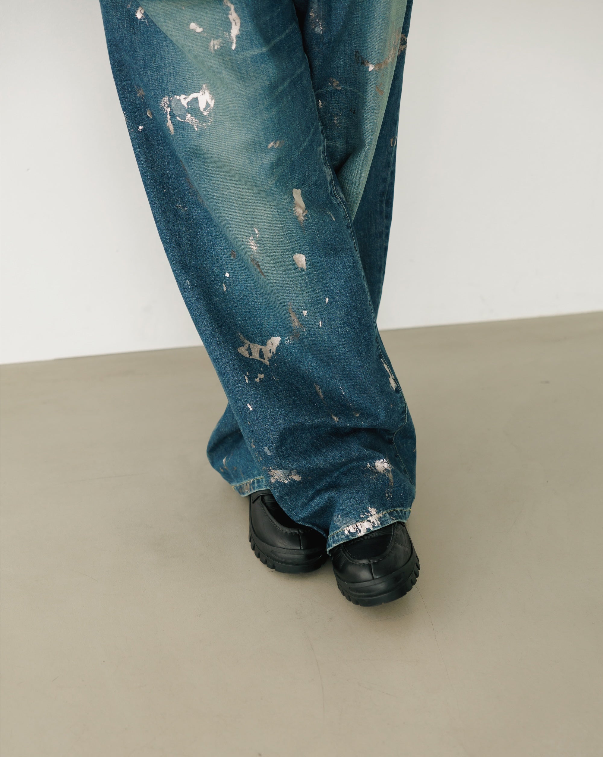 SILVER PRINT VINTAGE WASH SELVEDGE DENIM WIDE PANTS