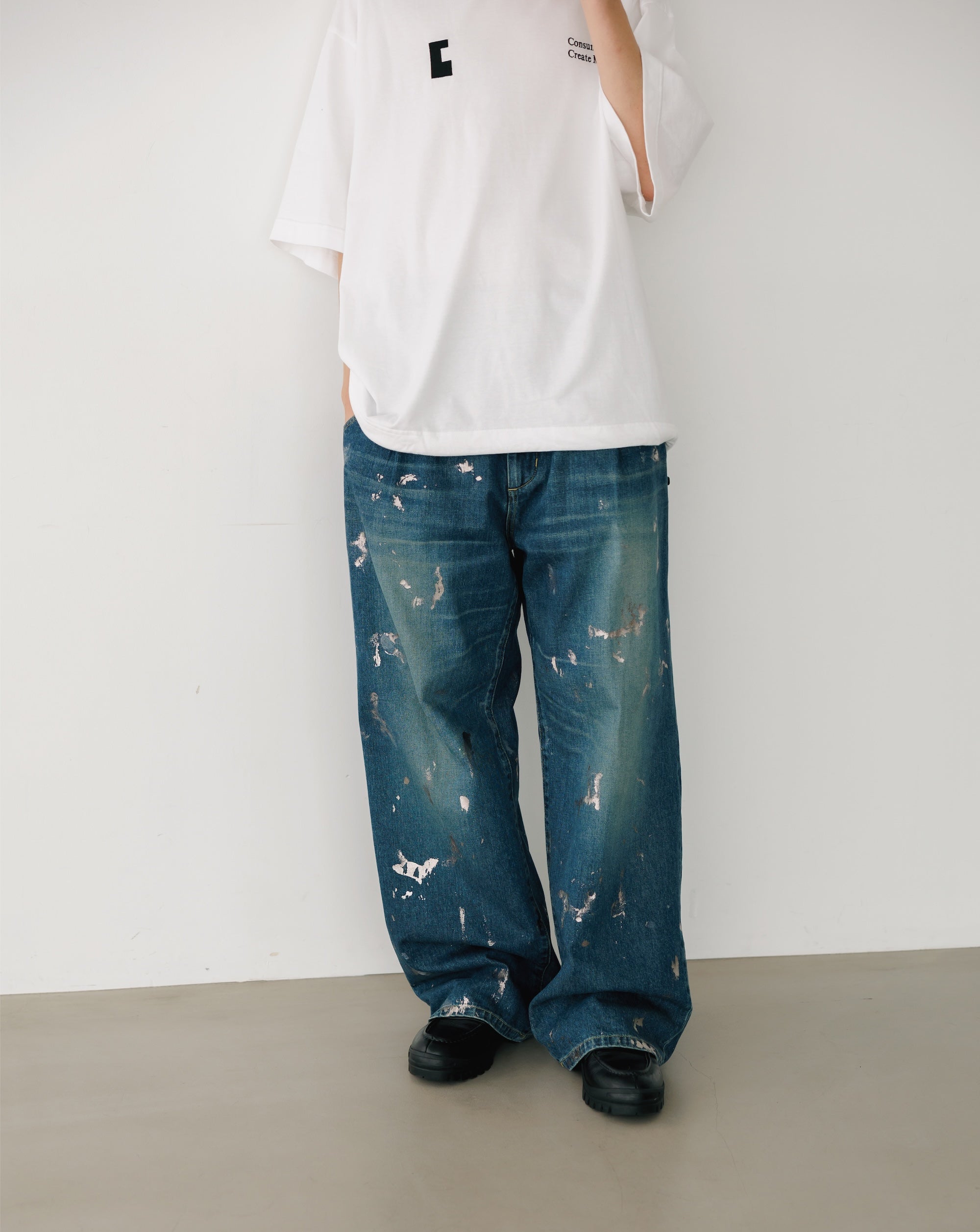 SILVER PRINT VINTAGE WASH SELVEDGE DENIM WIDE PANTS