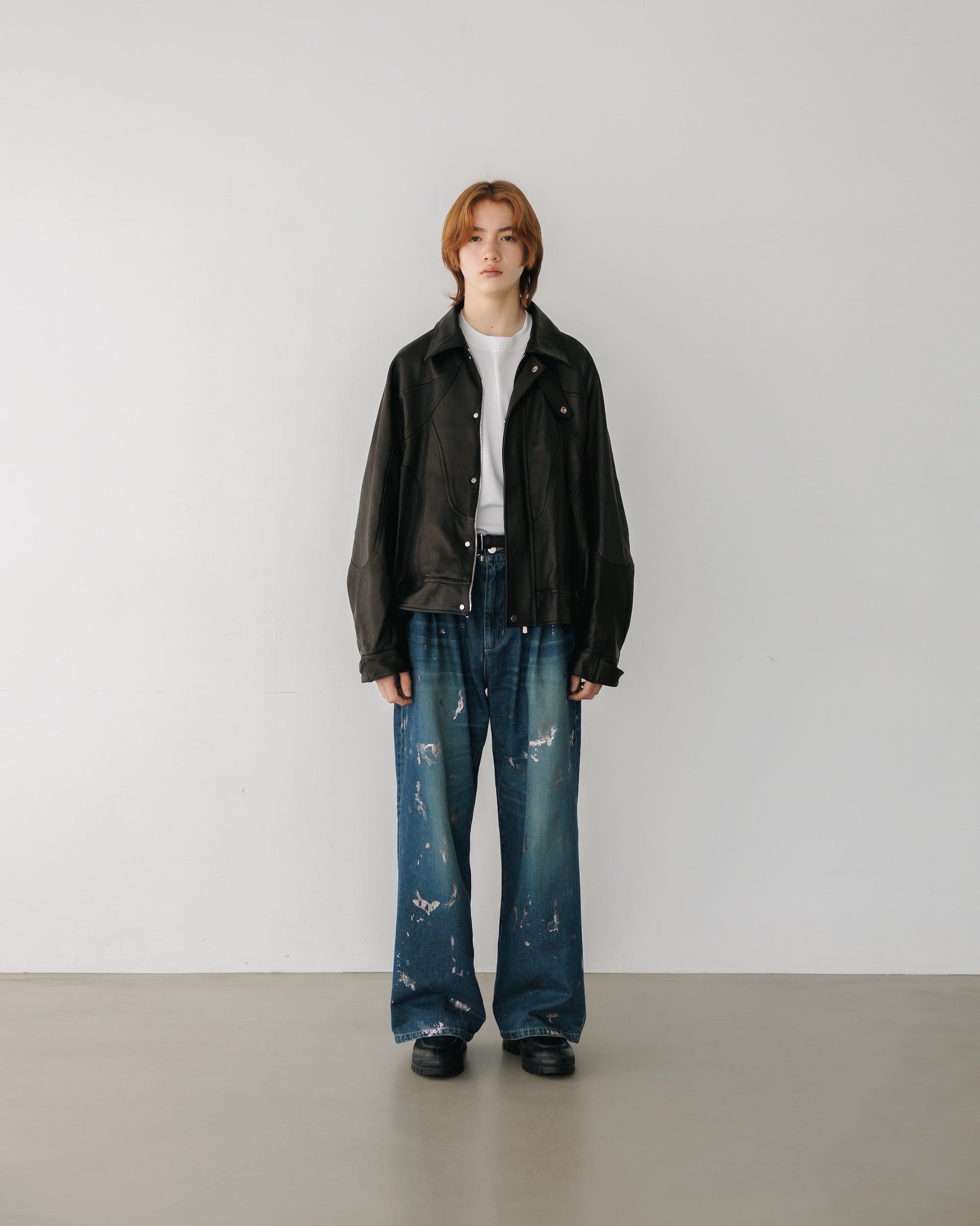 SILVER PRINT VINTAGE WASH SELVEDGE DENIM WIDE PANTS