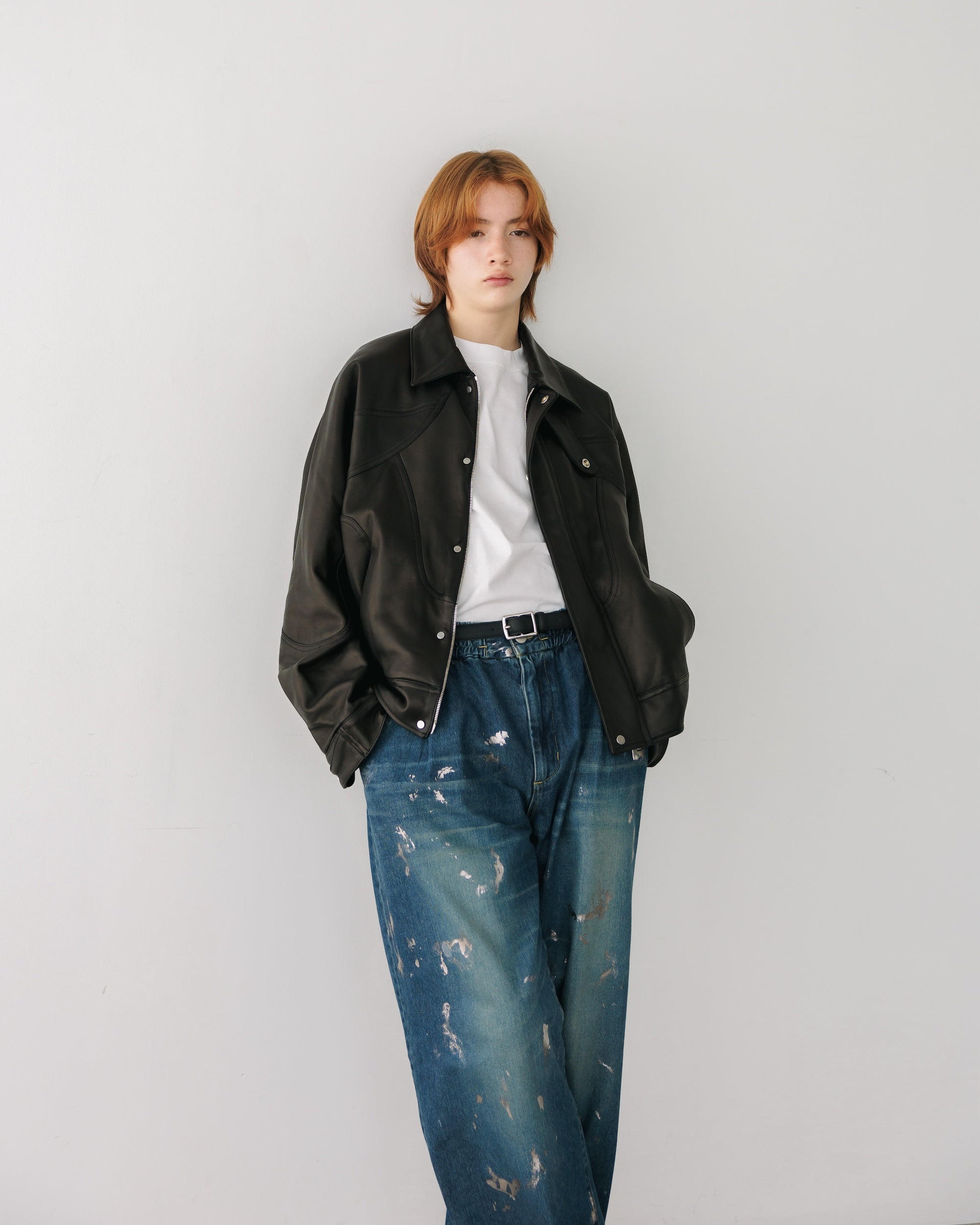 SILVER PRINT VINTAGE WASH SELVEDGE DENIM WIDE PANTS