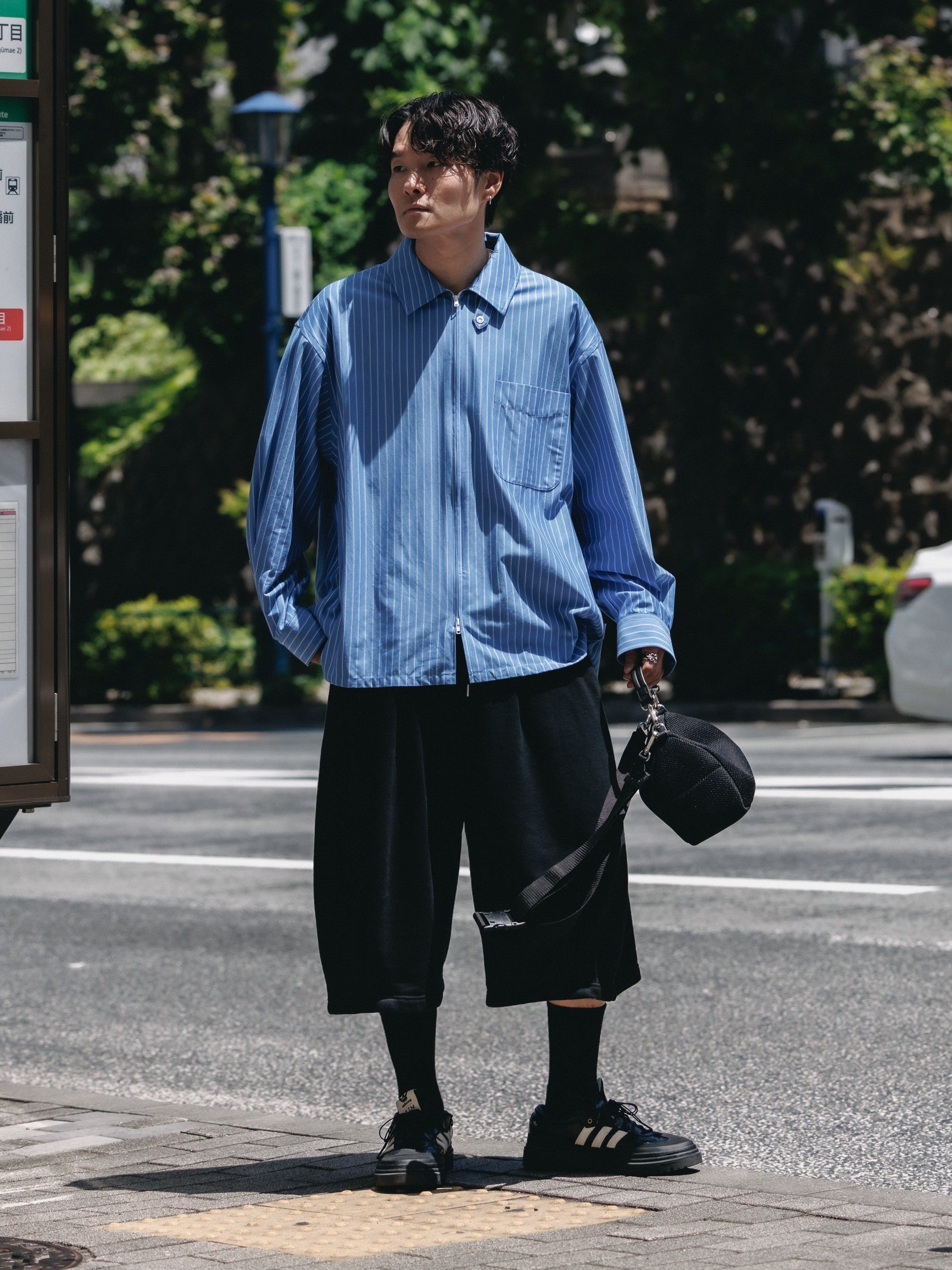 【5.30 SAT 20:00- IN STOCK】THICK/THIN STRIPE 46G KNIT EVERYDAY ZIP UP L/S SHIRT (SAX BLUE STRIPE)