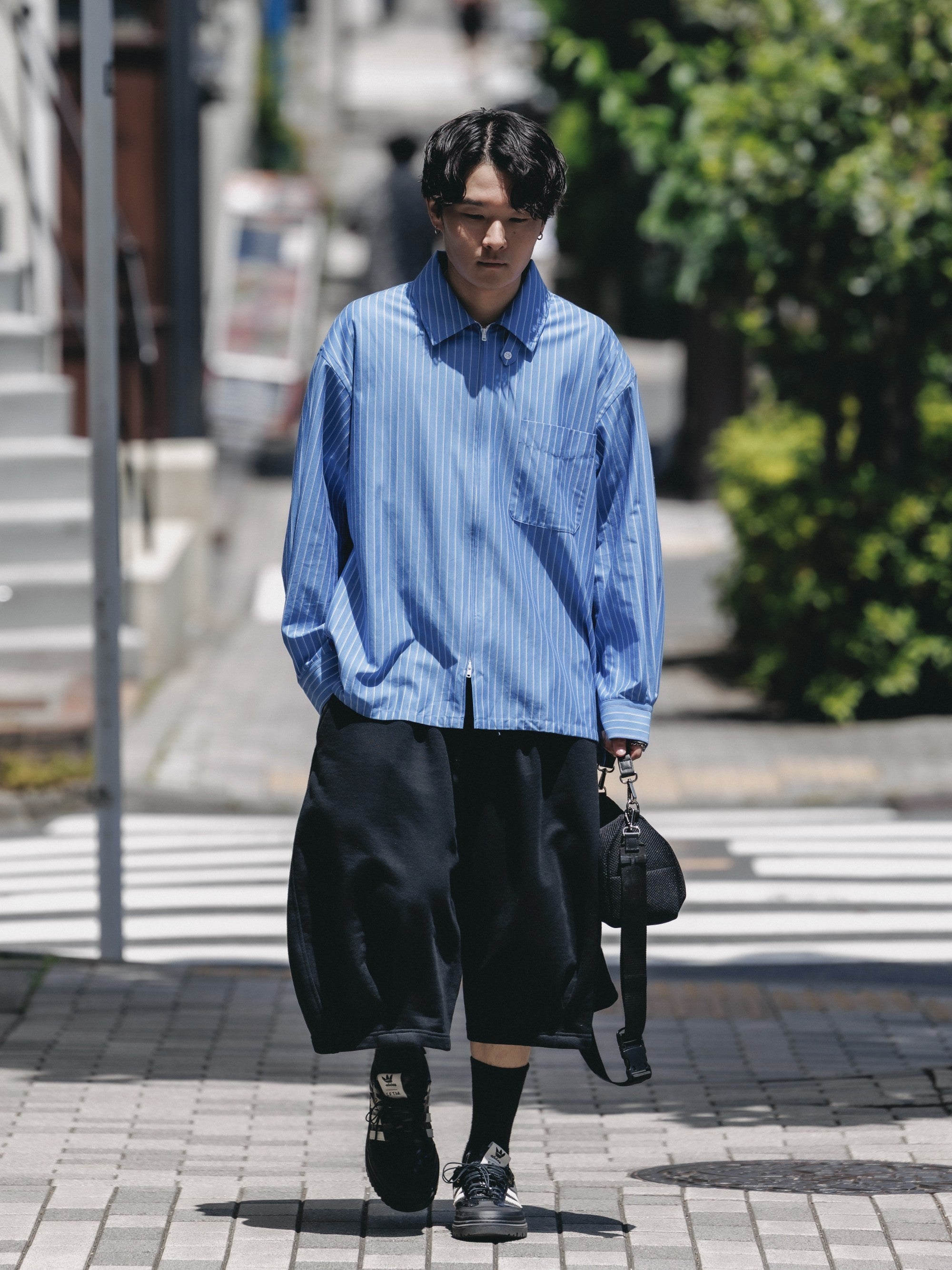 【5.30 SAT 20:00- IN STOCK】THICK/THIN STRIPE 46G KNIT EVERYDAY ZIP UP L/S SHIRT (SAX BLUE STRIPE)