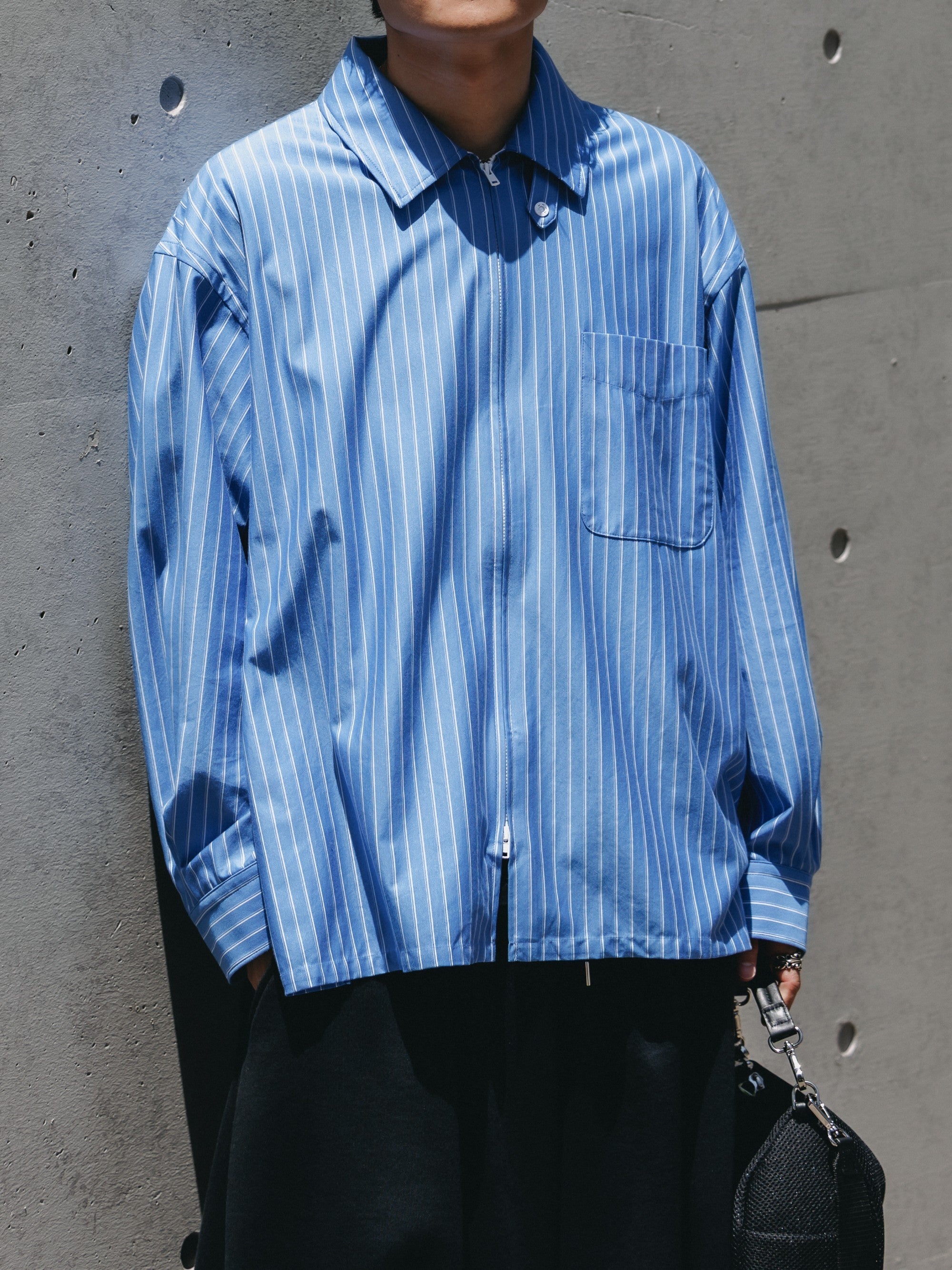 【5.30 SAT 20:00- IN STOCK】THICK/THIN STRIPE 46G KNIT EVERYDAY ZIP UP L/S SHIRT (SAX BLUE STRIPE)