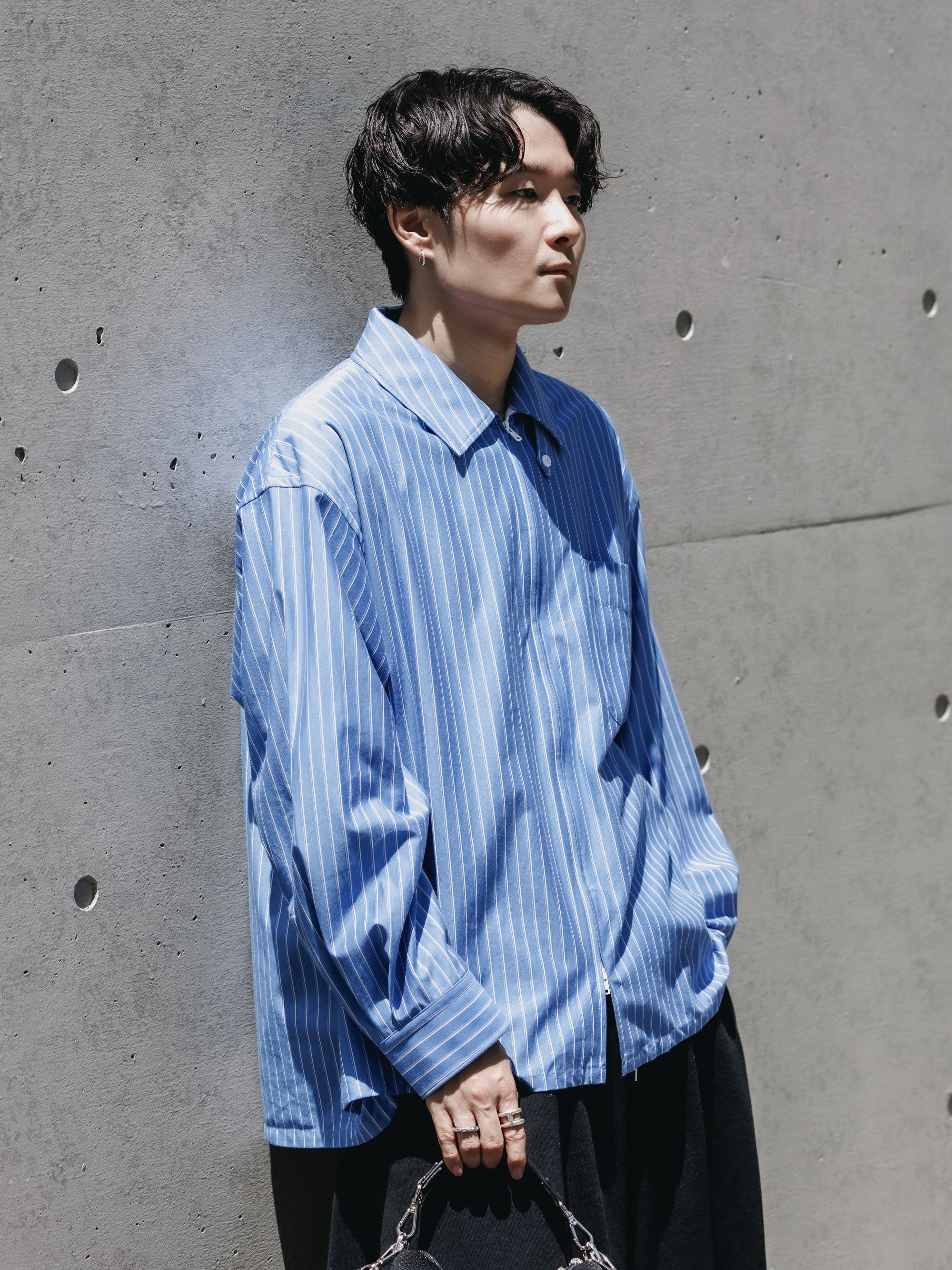 【5.30 SAT 20:00- IN STOCK】THICK/THIN STRIPE 46G KNIT EVERYDAY ZIP UP L/S SHIRT (SAX BLUE STRIPE)